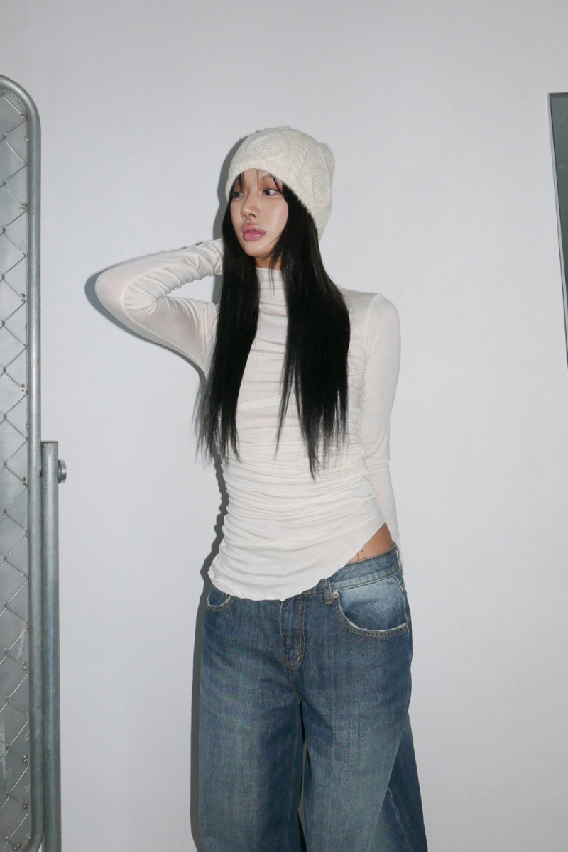 Ruched Asymmetrical Turtleneck Top