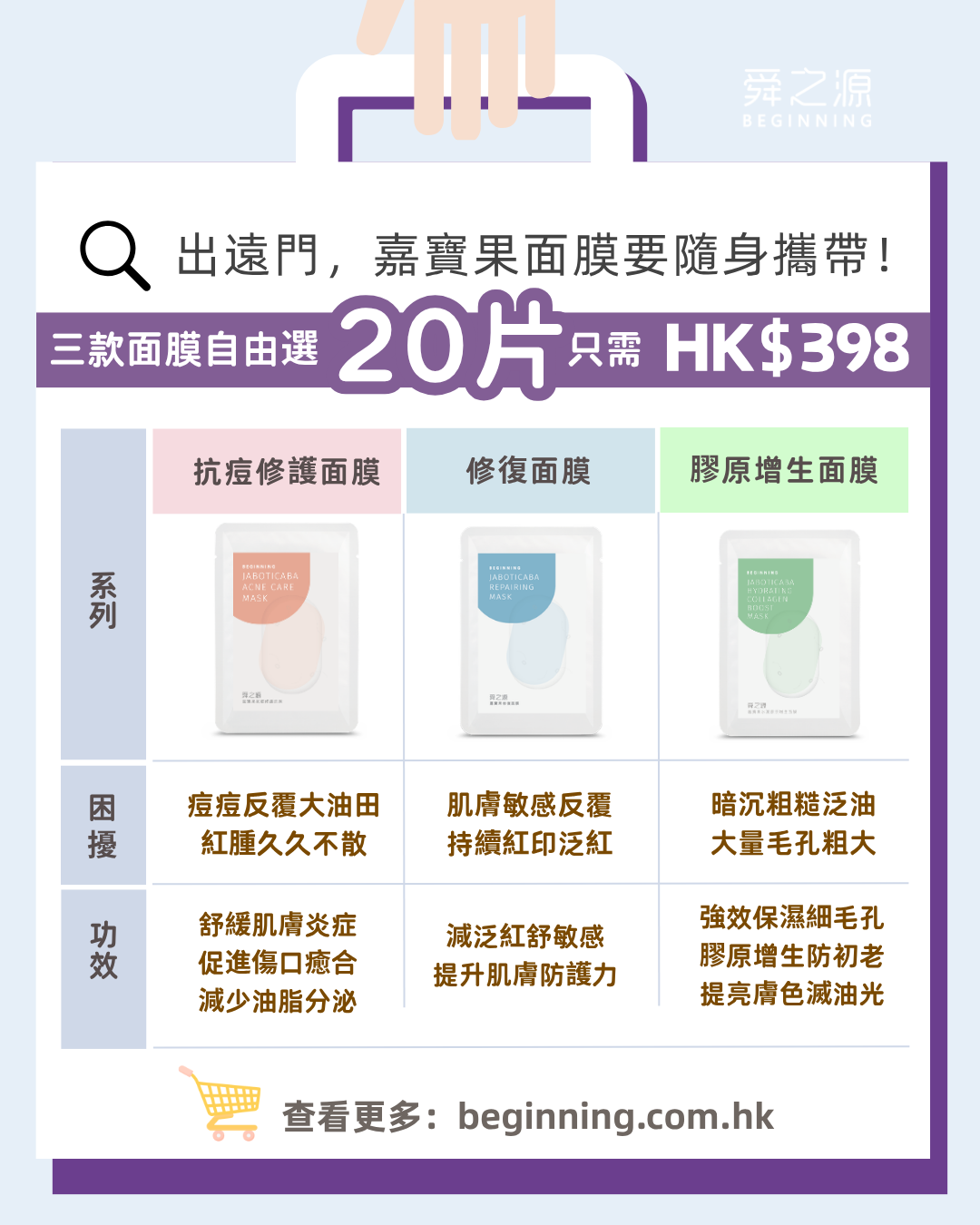 20片自由搭！3款嘉寶果面膜任選（抗痘修護/修復/水潤膠原增生)