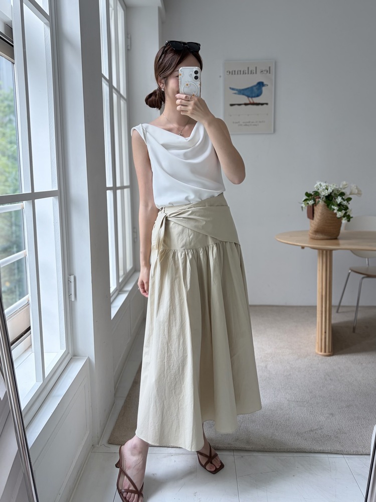 Wrap-Waist Flare Skirt (Beige)