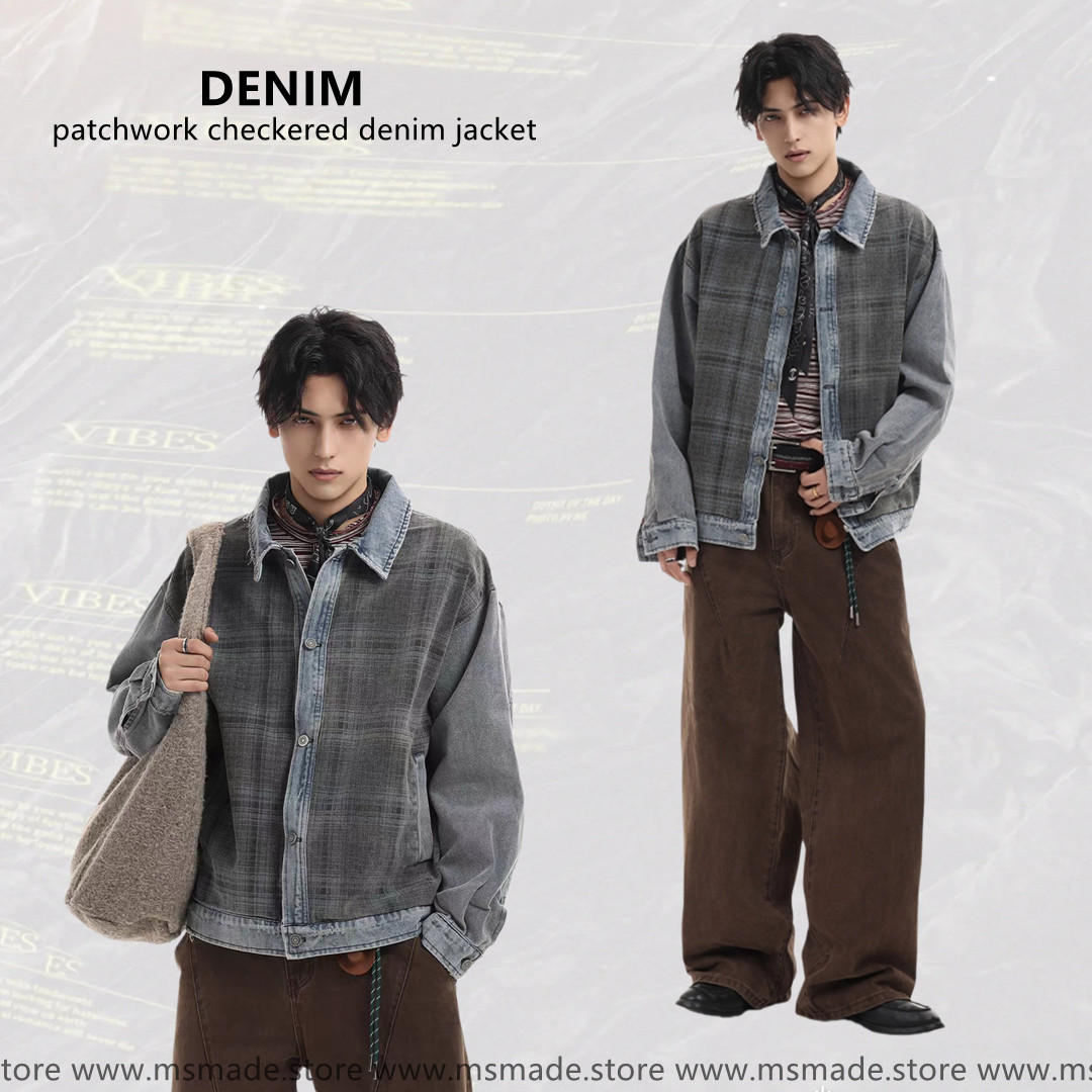 M2622格紋拼接水洗牛仔外套