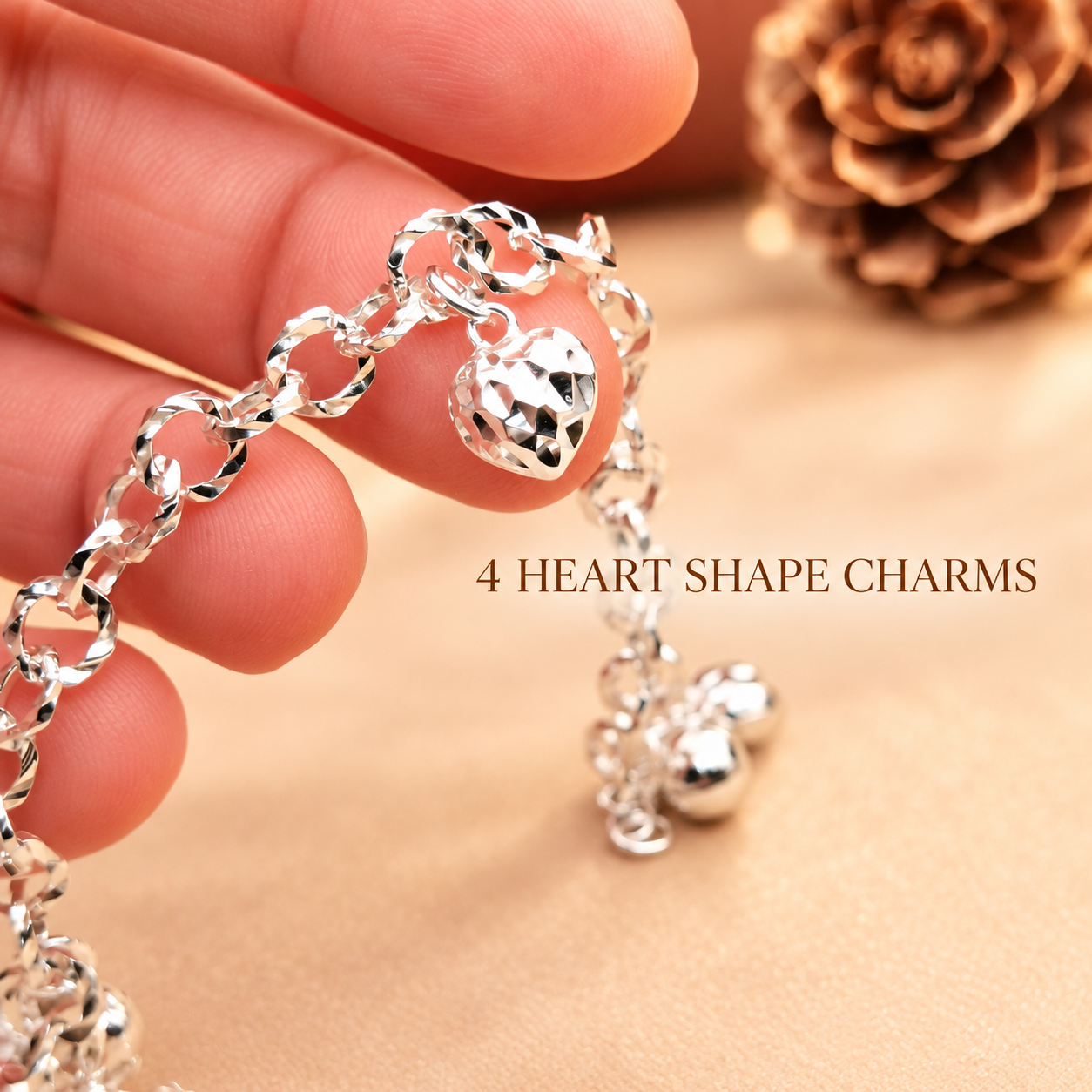 LB2255 Diamond Cut Heart Beads Chain Bracelet