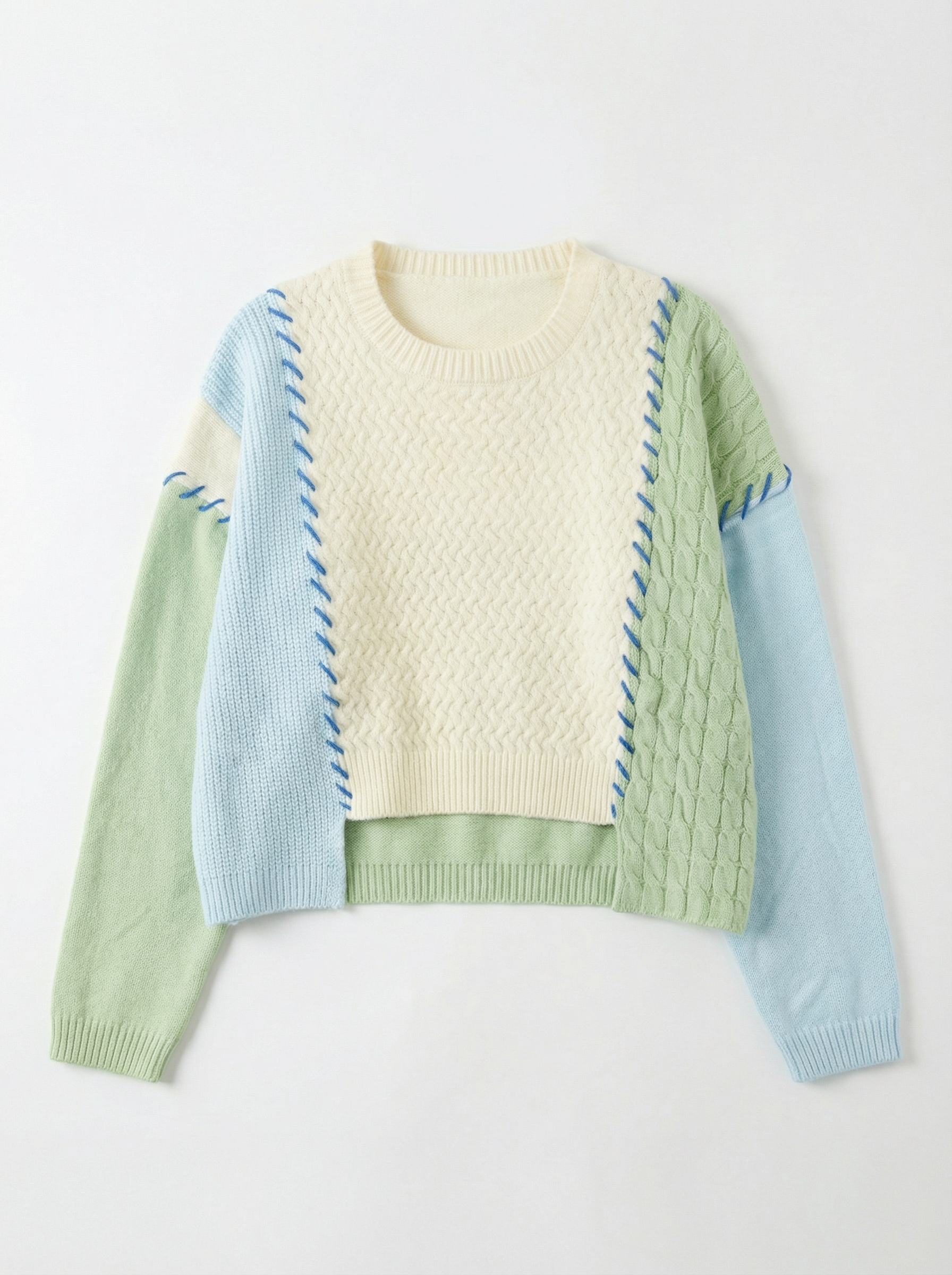 拼接扭花短版針織毛衣