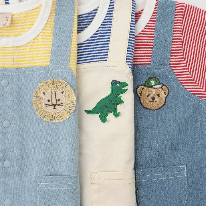 🇯🇵預訂 日本直送🇯🇵Petit Main三色動物刺繡條紋吊帶口袋短袖連身服