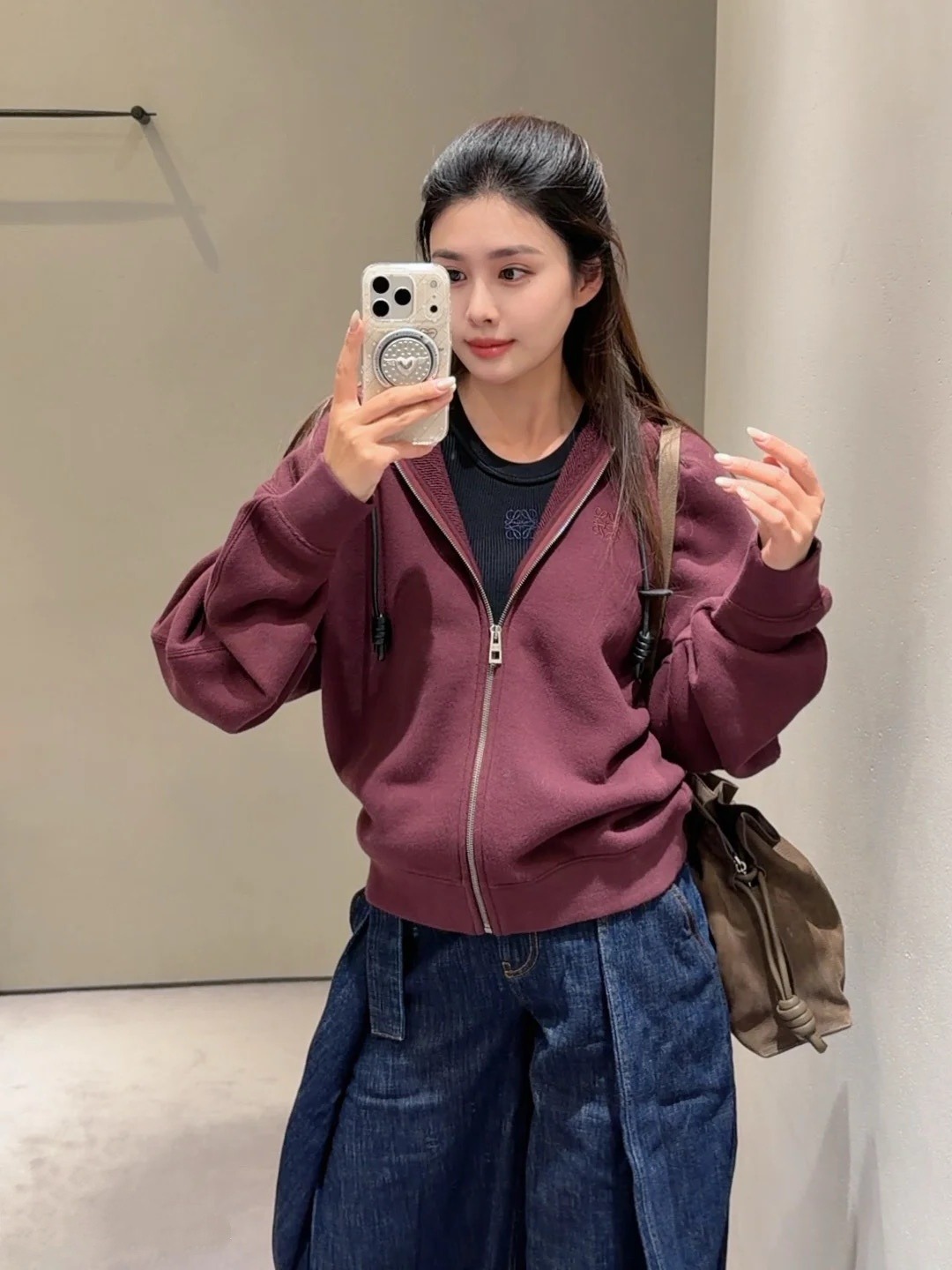 【頂級原單】LOEWE 皮質抽繩連帽拉鍊外套