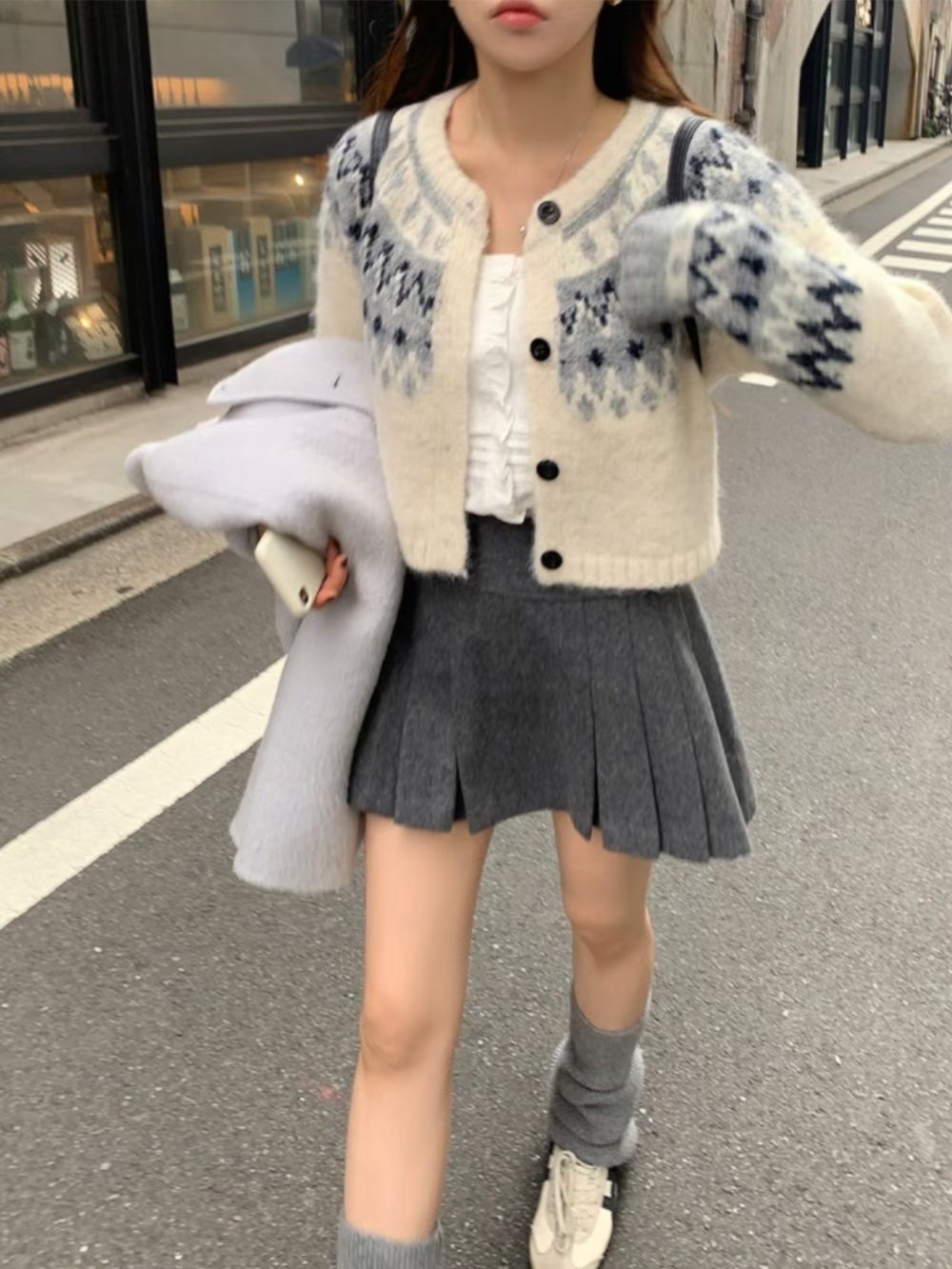 【 ☃️ 私心超愛～🩶北歐冬日感圖案 ♪ 軟糯多重拼色兩著外套⋆˚ʚɞ 】 Snowball Mochi Cardigan Top(三色入