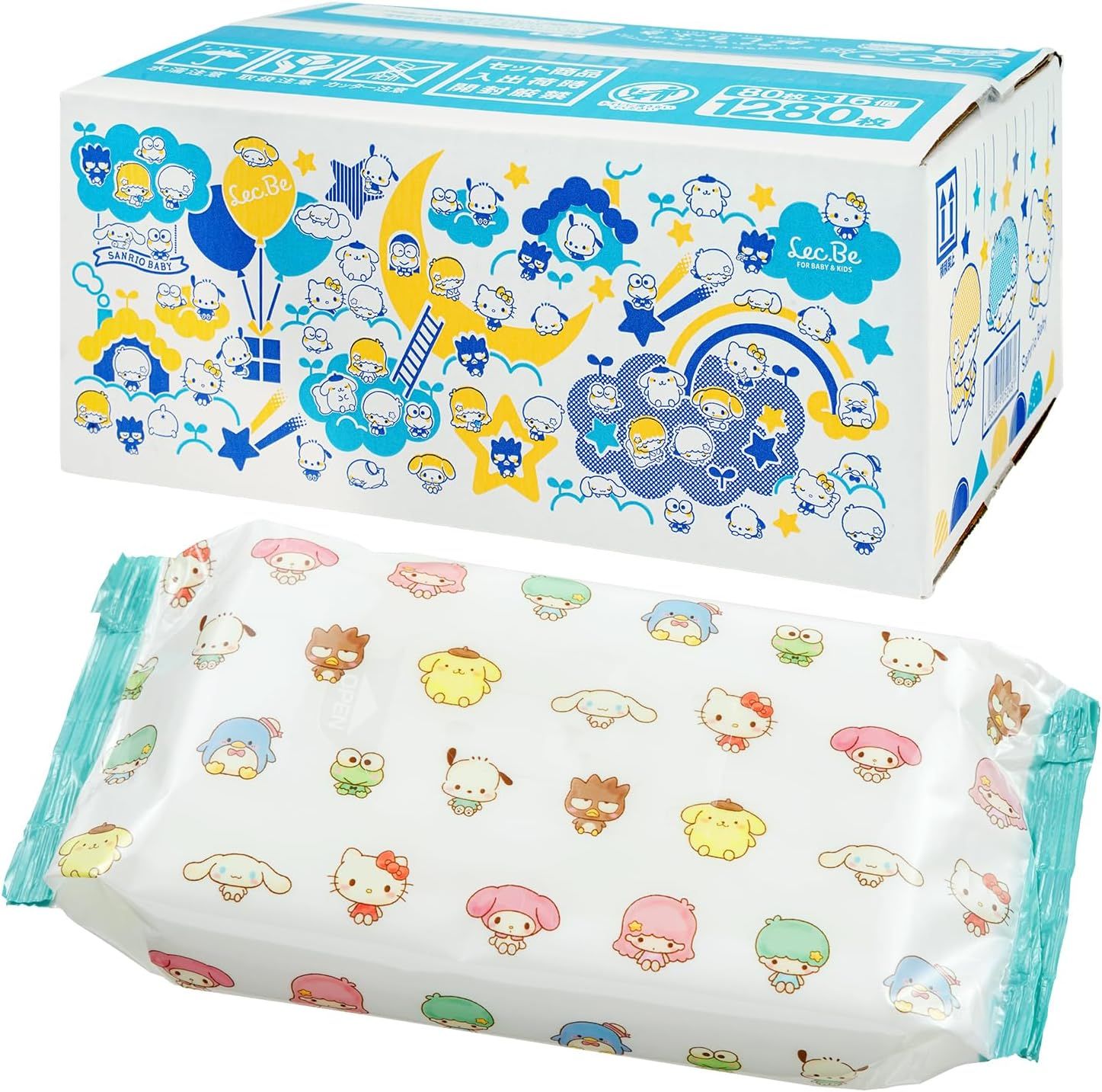 LEC Sanrio Pure Water 99% Baby Wipes, Soft Sheets, 80 Sheets x 16 Packs
