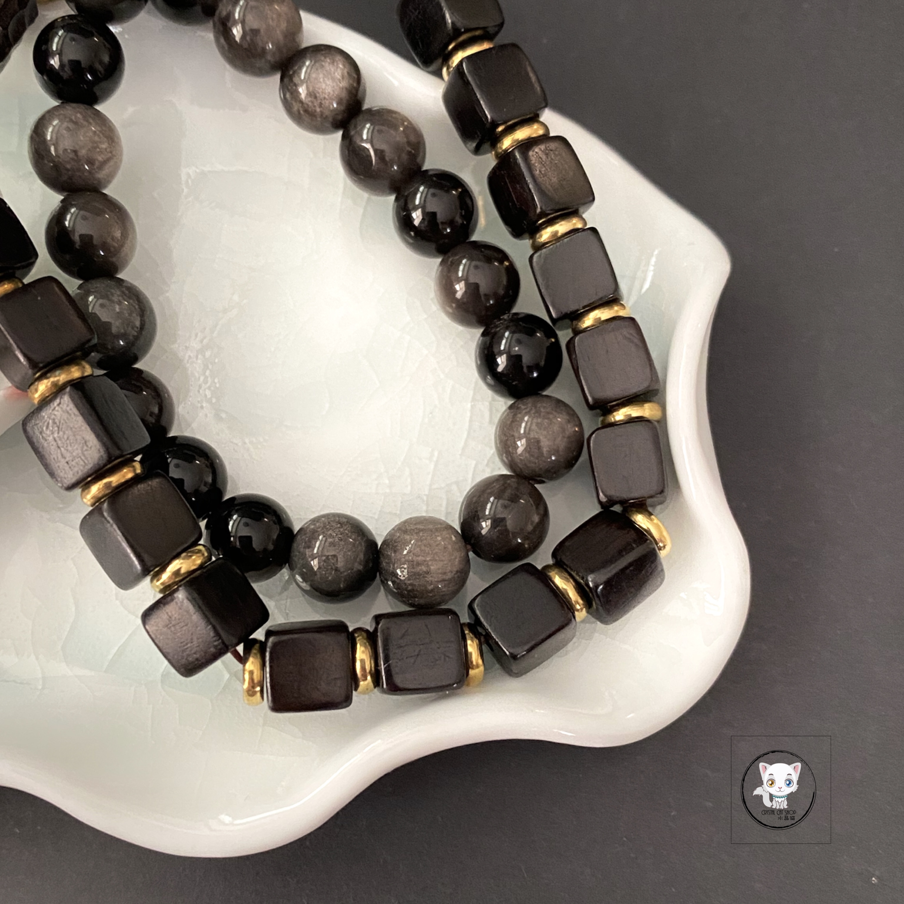 銀曜石黑檀木兩圈手鏈 8mm