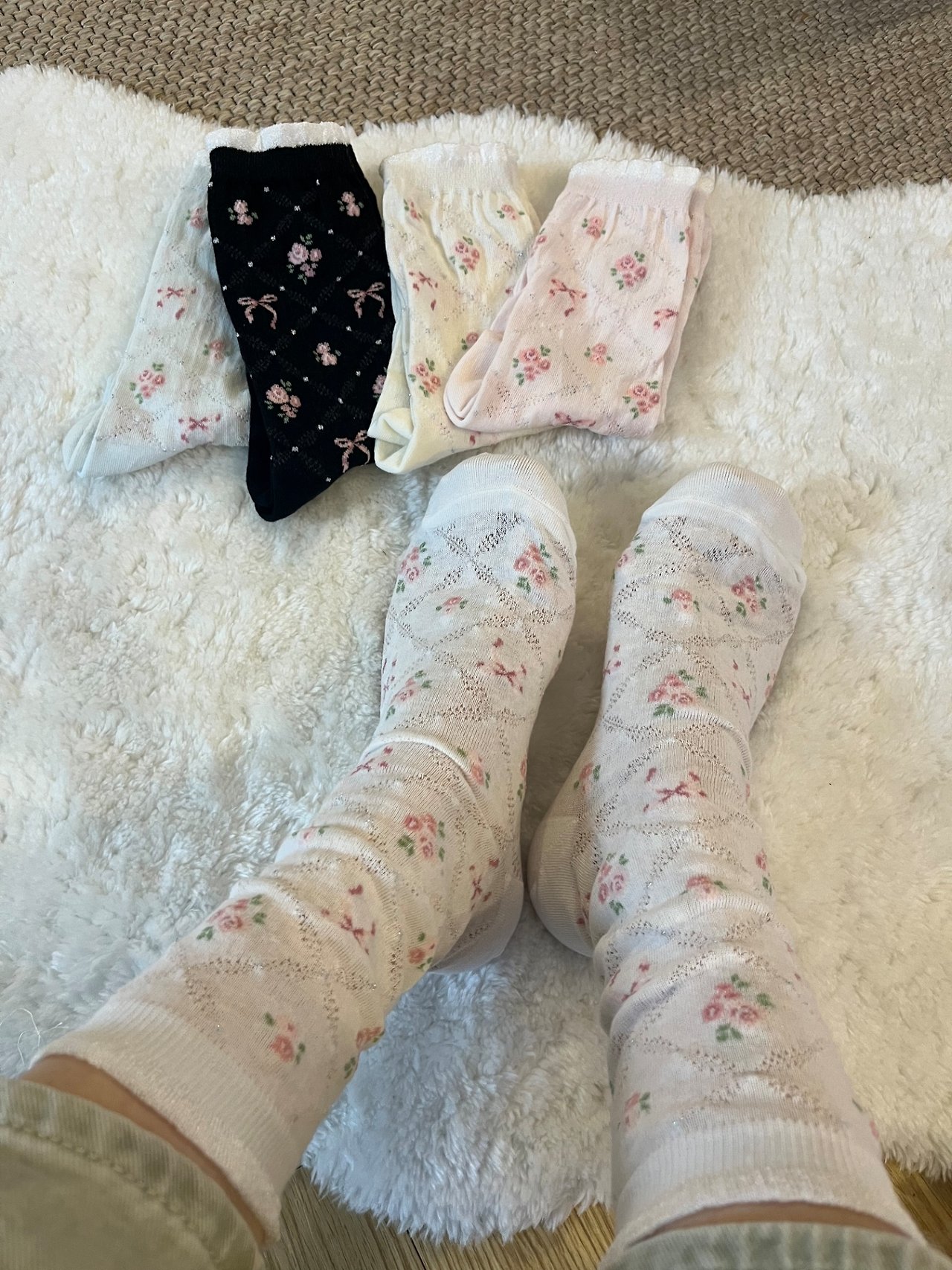 Korean Rose Floral Lace High Crew Socks