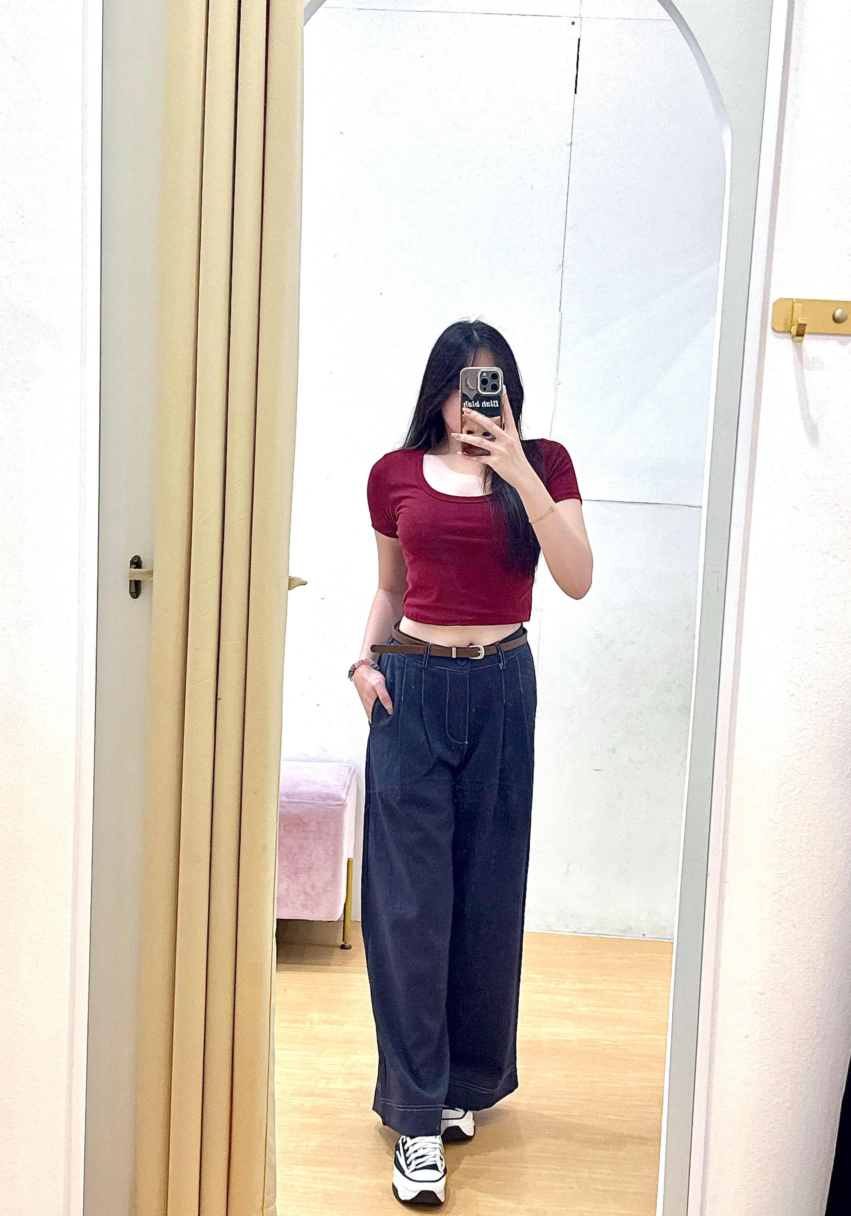 明线天丝牛仔压褶阔腿长裤 R2952