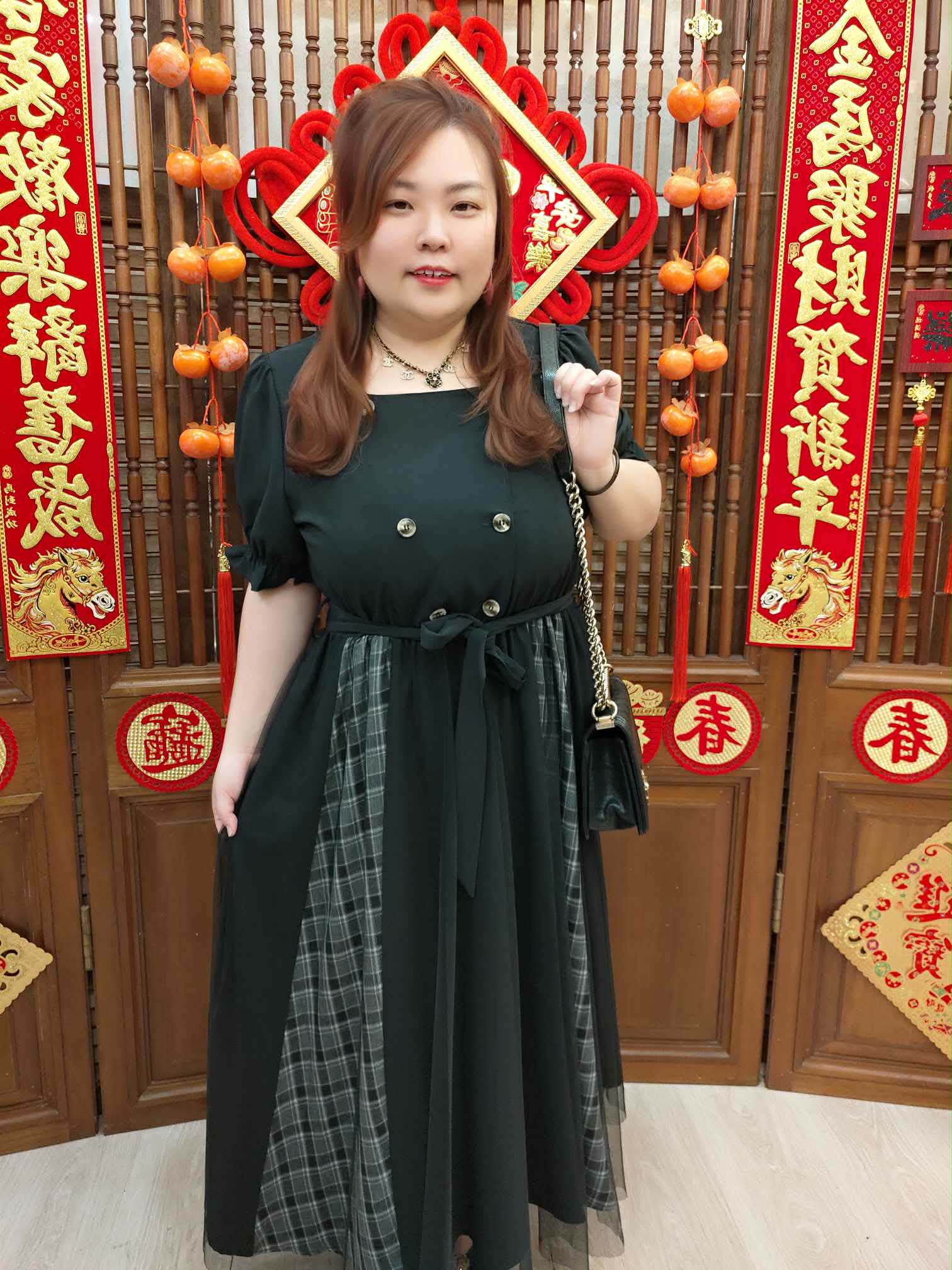 NJH09 TW#3132A 格子纽扣网纱连衣裙