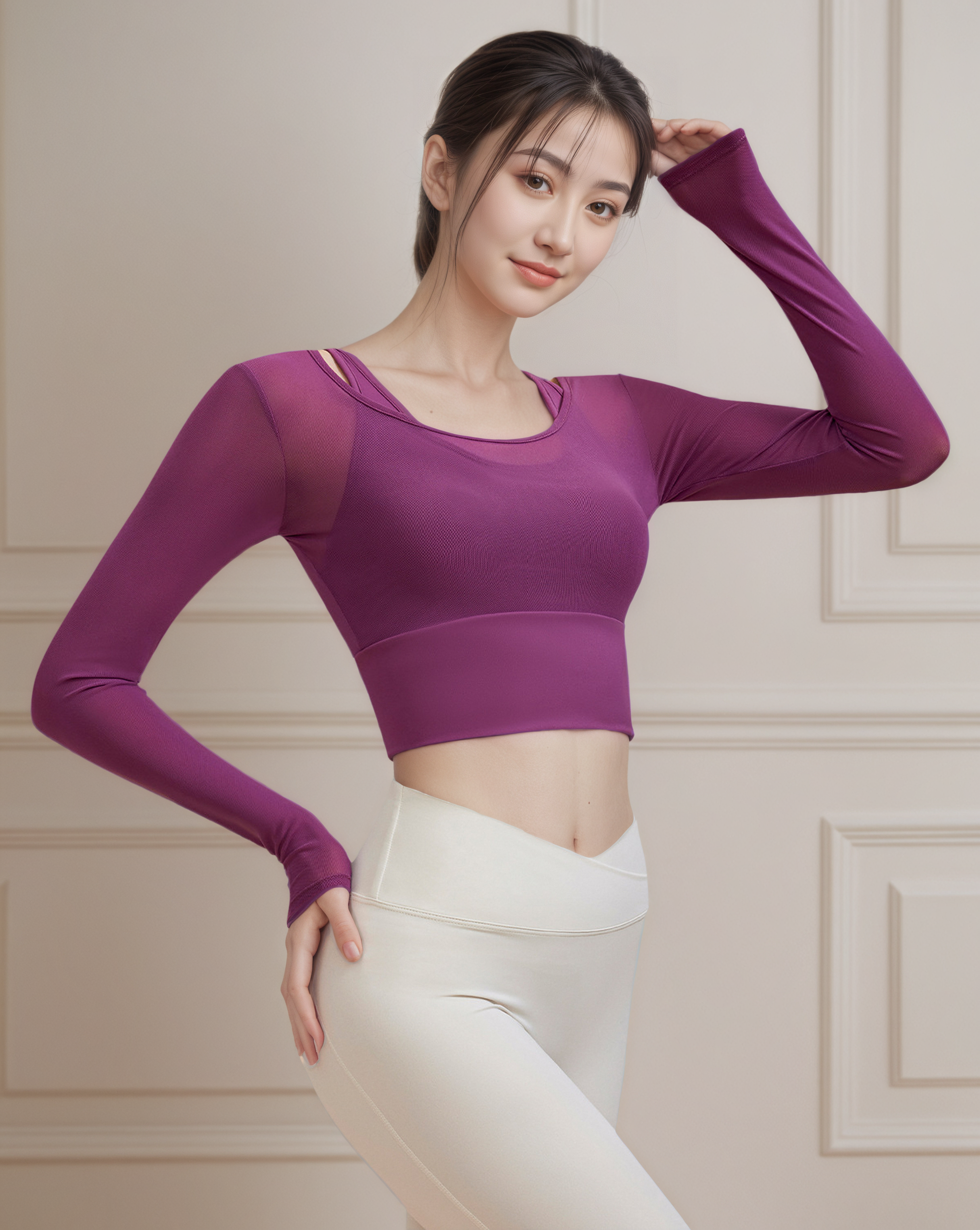 假兩件網紗瑜伽長袖上衣固定杯款