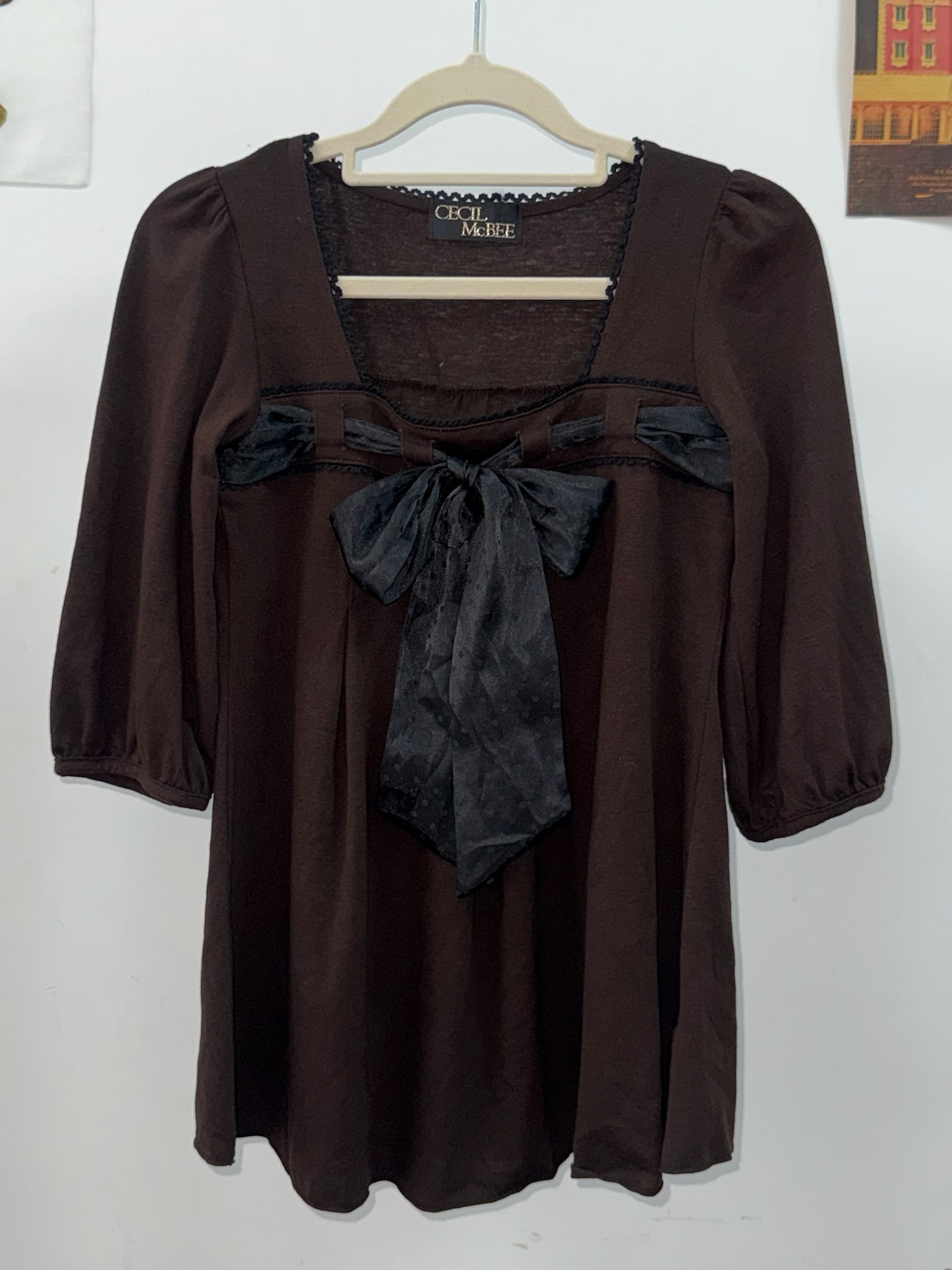 CECIL McBEE Brown Large Satin Bow Babydoll Top