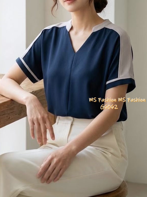 G6062 韓國🇰🇷靚料V領拼色top