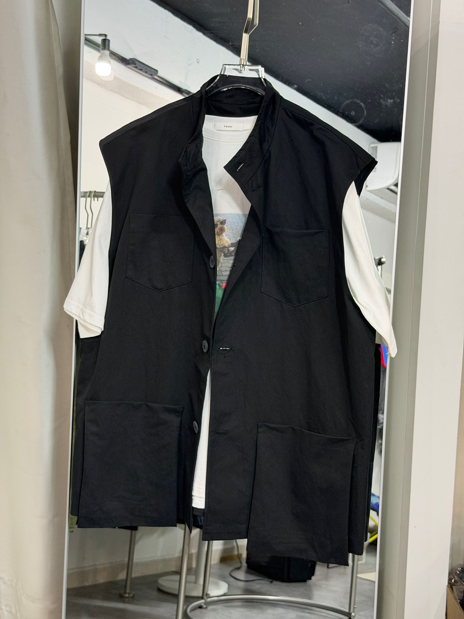 時尚黑色寬鬆工裝背心外套