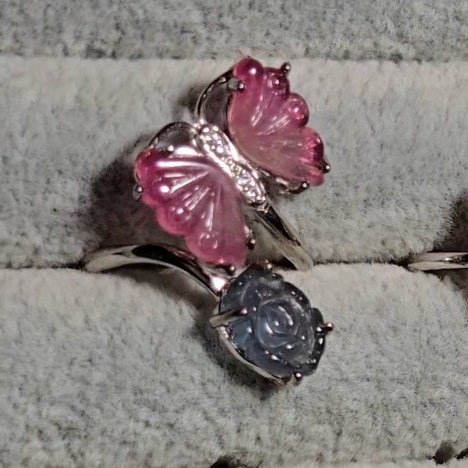 Candy tourmaline butterfly and rose ring, adjustable sterling silver (A) - TR278