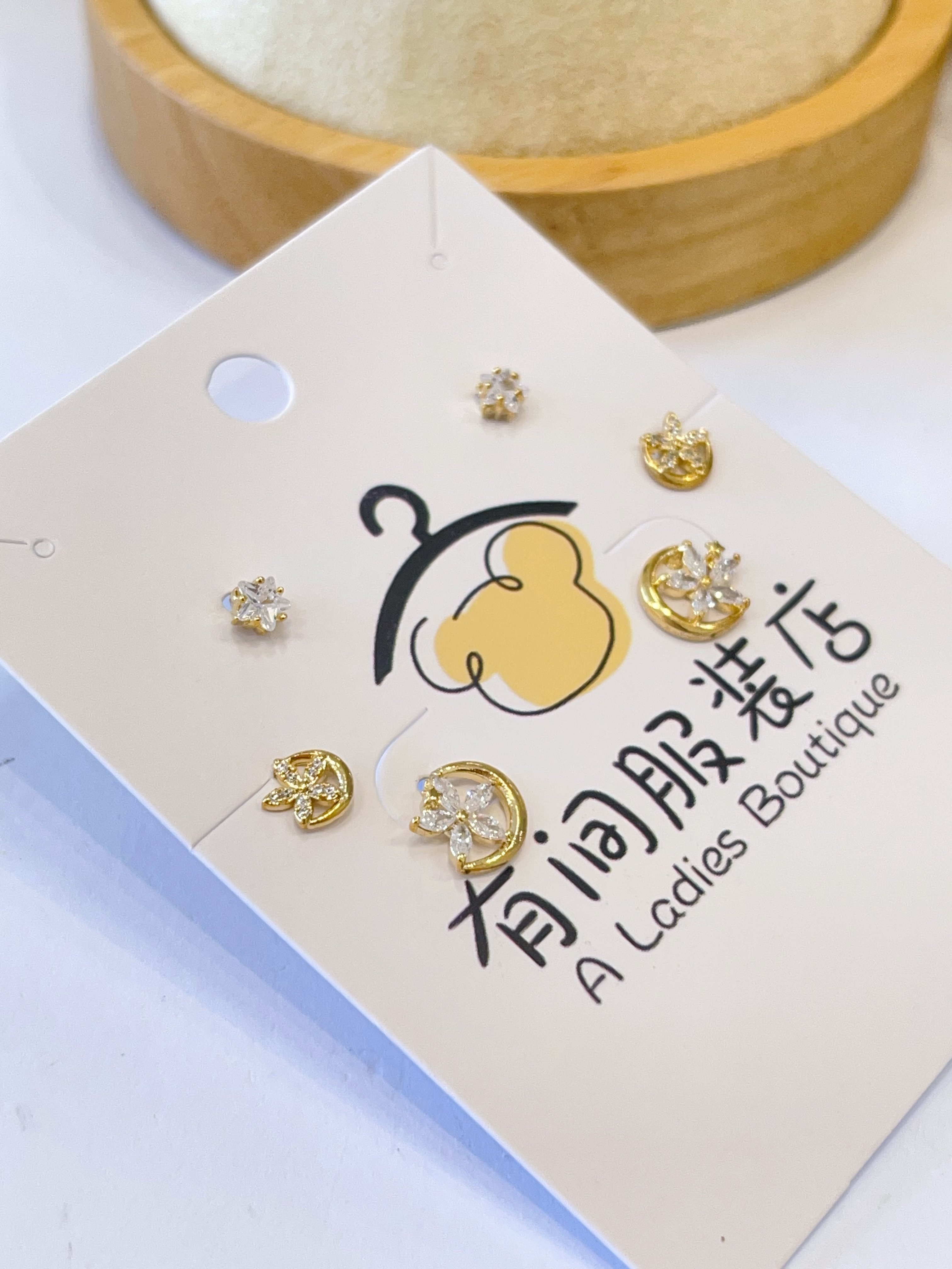 花朵锆石星星半环耳环套装