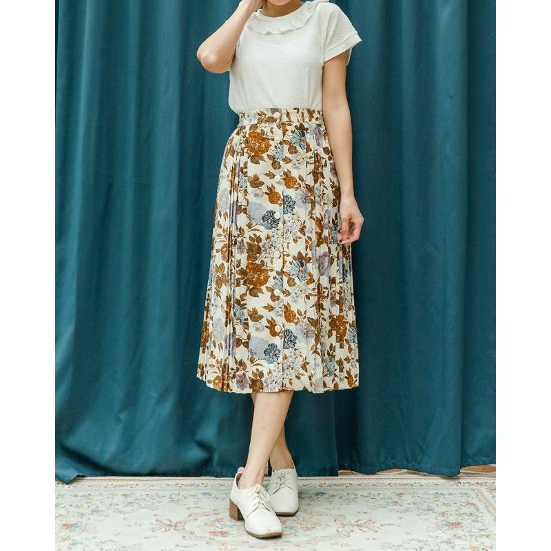 Vintage Autumn Floral Pattern Decorative Button Up Design Side Box Pleated Skirt- Size L to XL Waist 31~34"（MT1606-10）