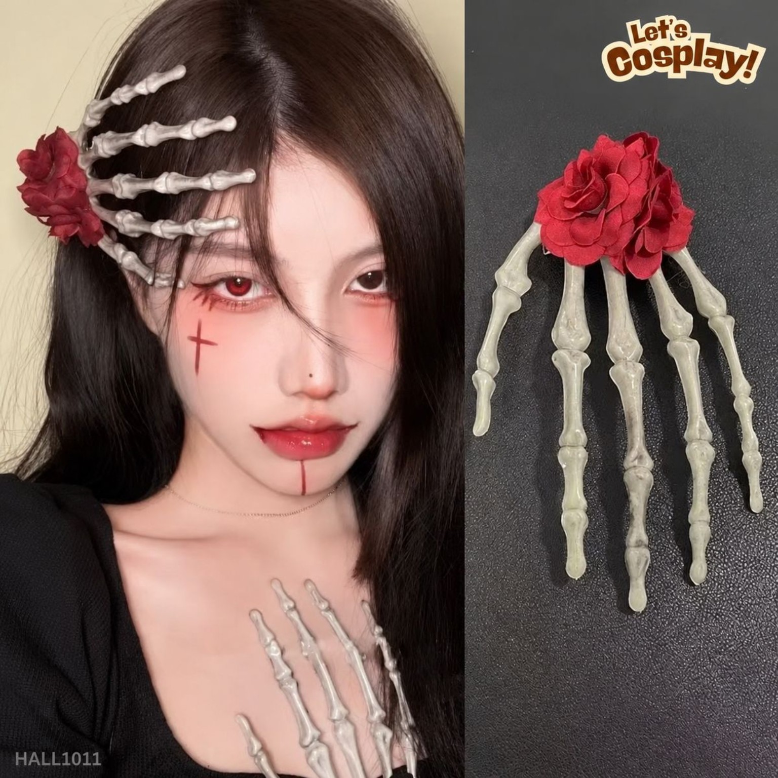 萬聖節骷髏手紅花頭飾｜骨手恐怖髮飾 Halloween Hair Accessory HALL1011