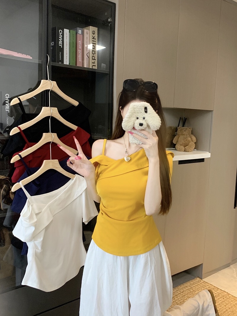 B133(A1813) 韩系爆款纯欲风交叉折边领单边露肩吊带5色上衣