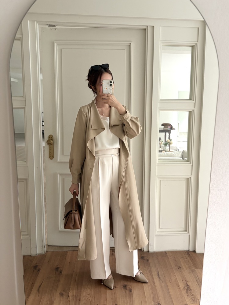 Classic Flared Trench Dress (Warm Beige)