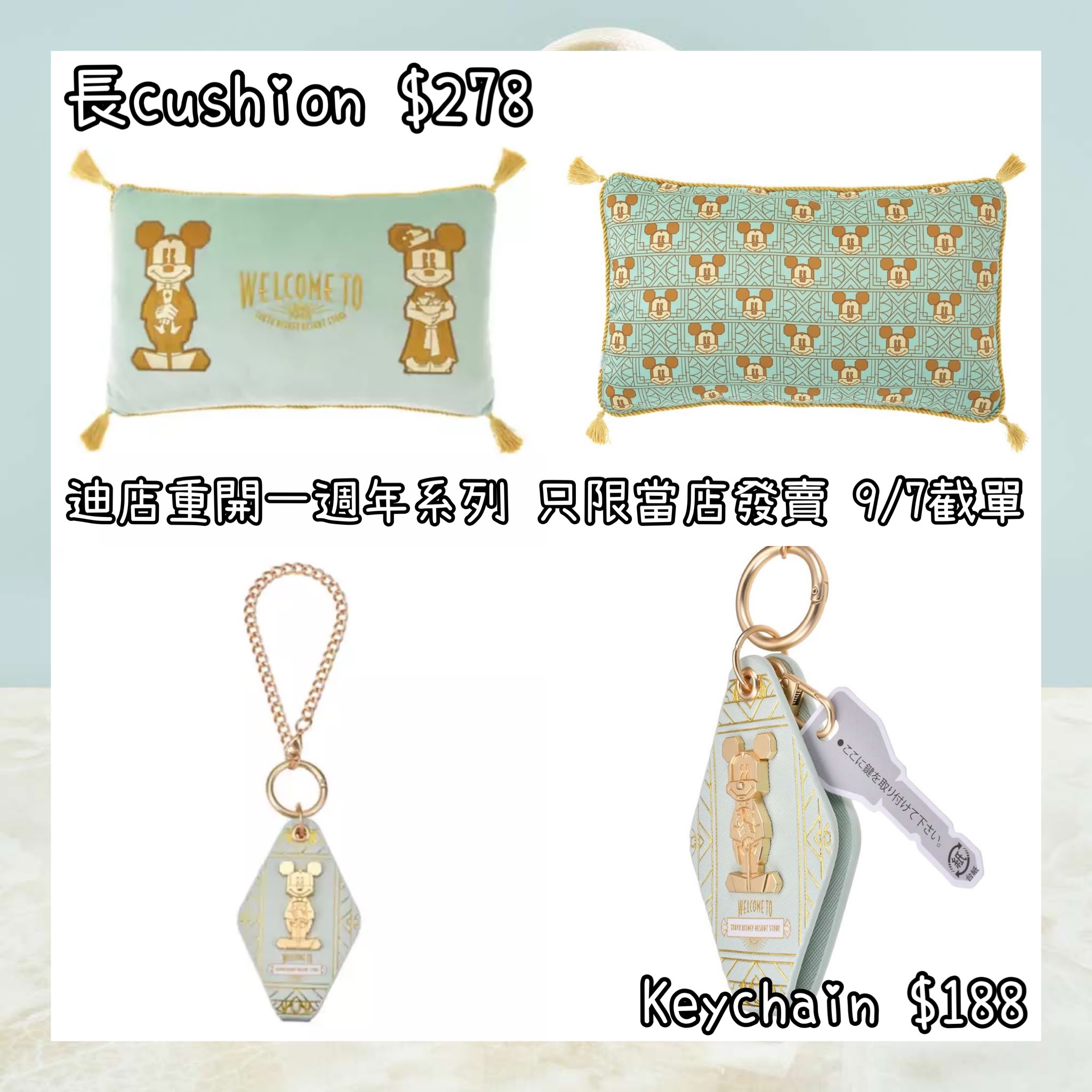 ：日本：【東京ディズニーリゾート店限定，9/7截單】重開一周年紀念 長 CUSHION KEYCHAIN