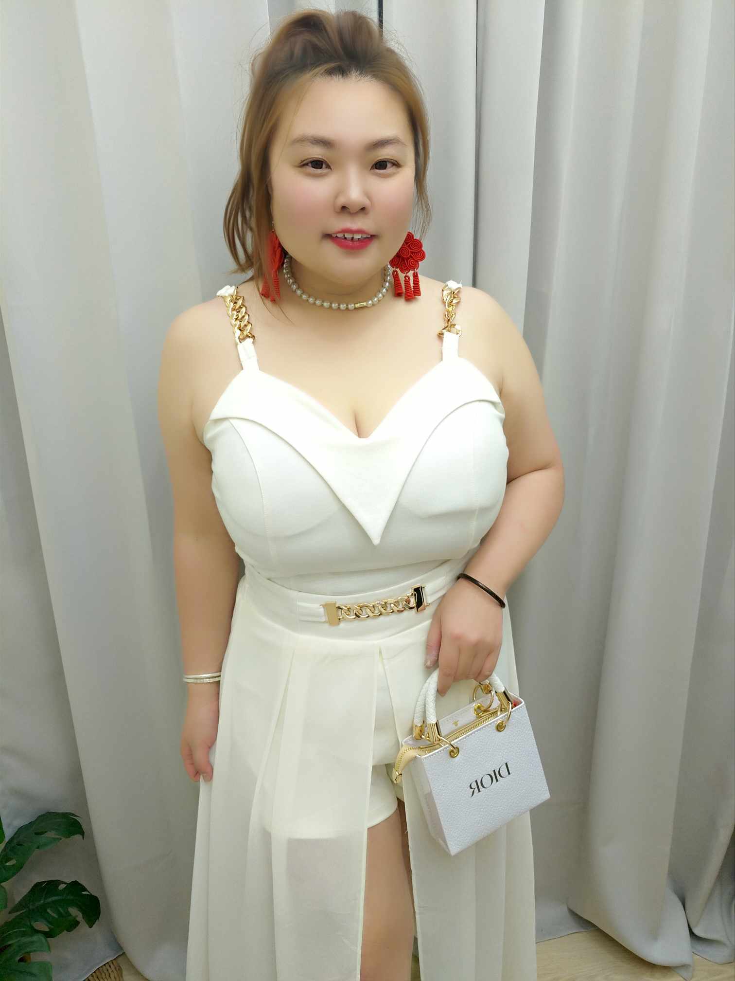 TW#5857 拼链条肩带深V设计款背心