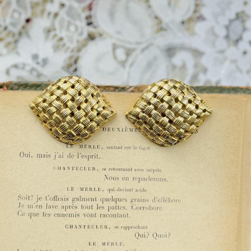 Vintage Made in France Bluette Golden Eye Shape Plaid Work Shoe Clips (MT2070-14)