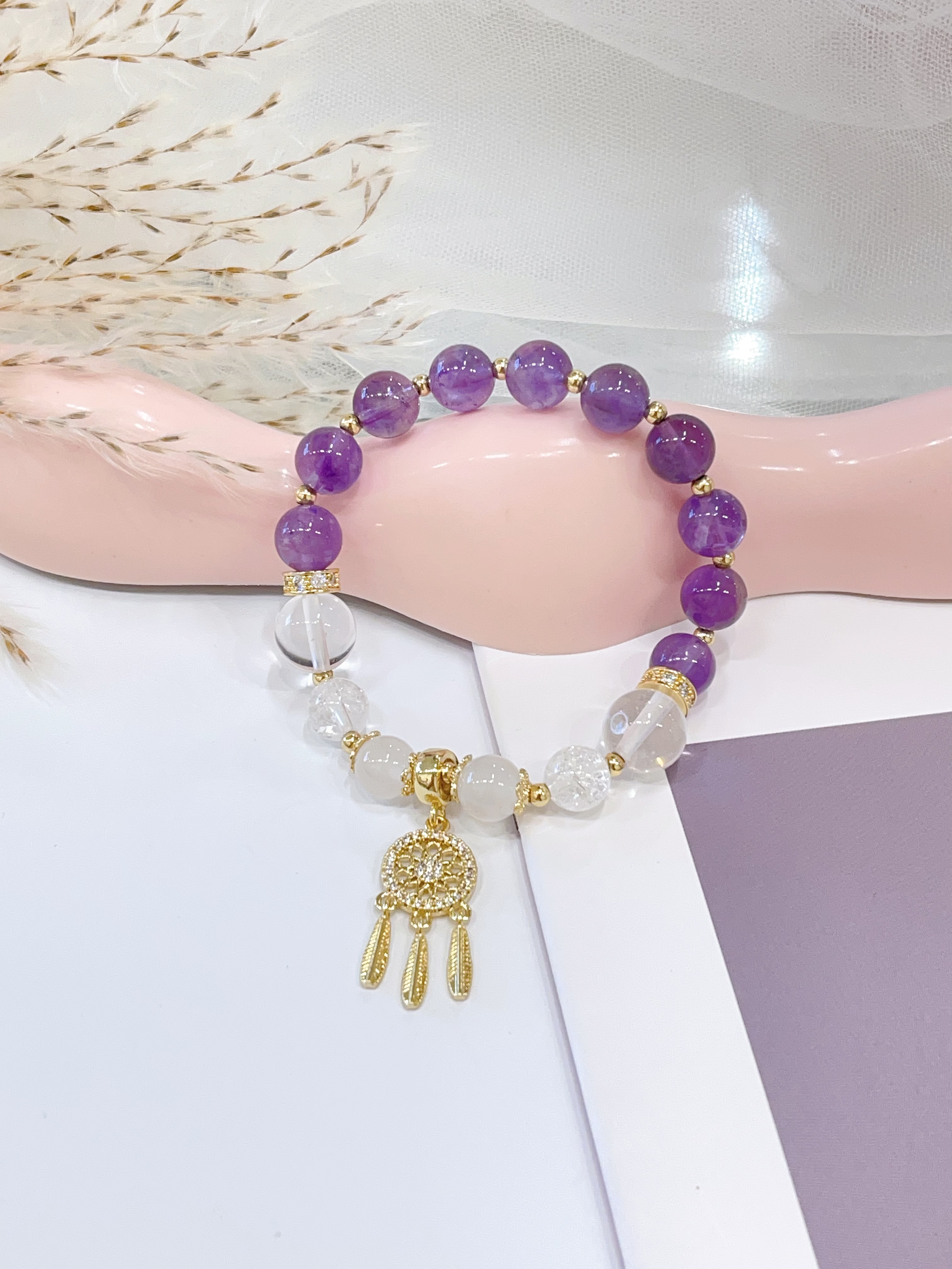 💜🤍 紫水晶 × 白水晶 × 荔枝冻手串 Amethyst, Clear Quartz & Lychee Jelly Stone