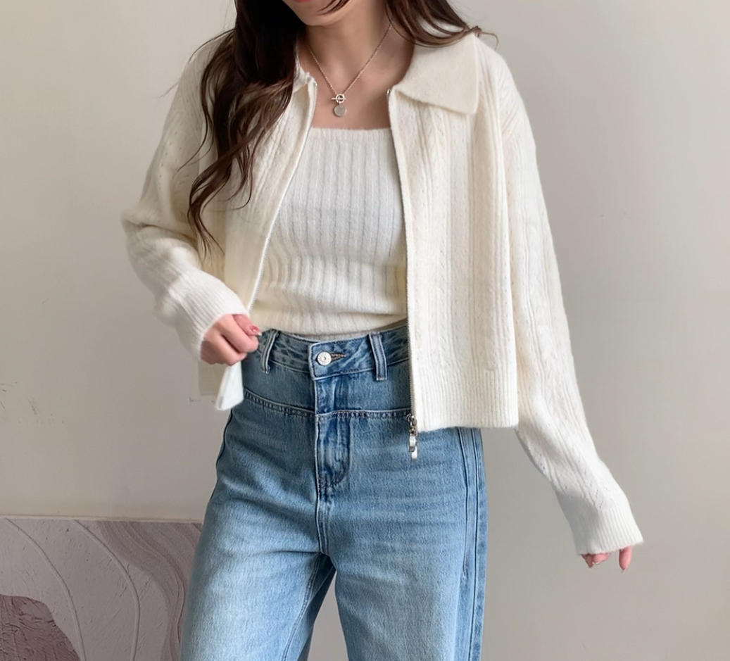 通花拉鍊反領外套-米白