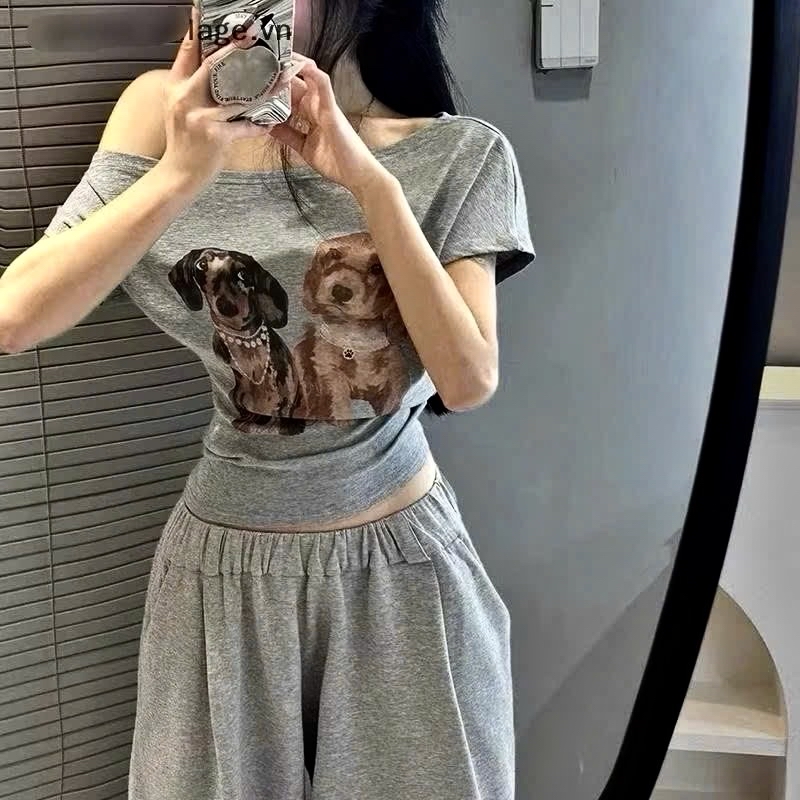 灰色狗狗印花露肩T卹
