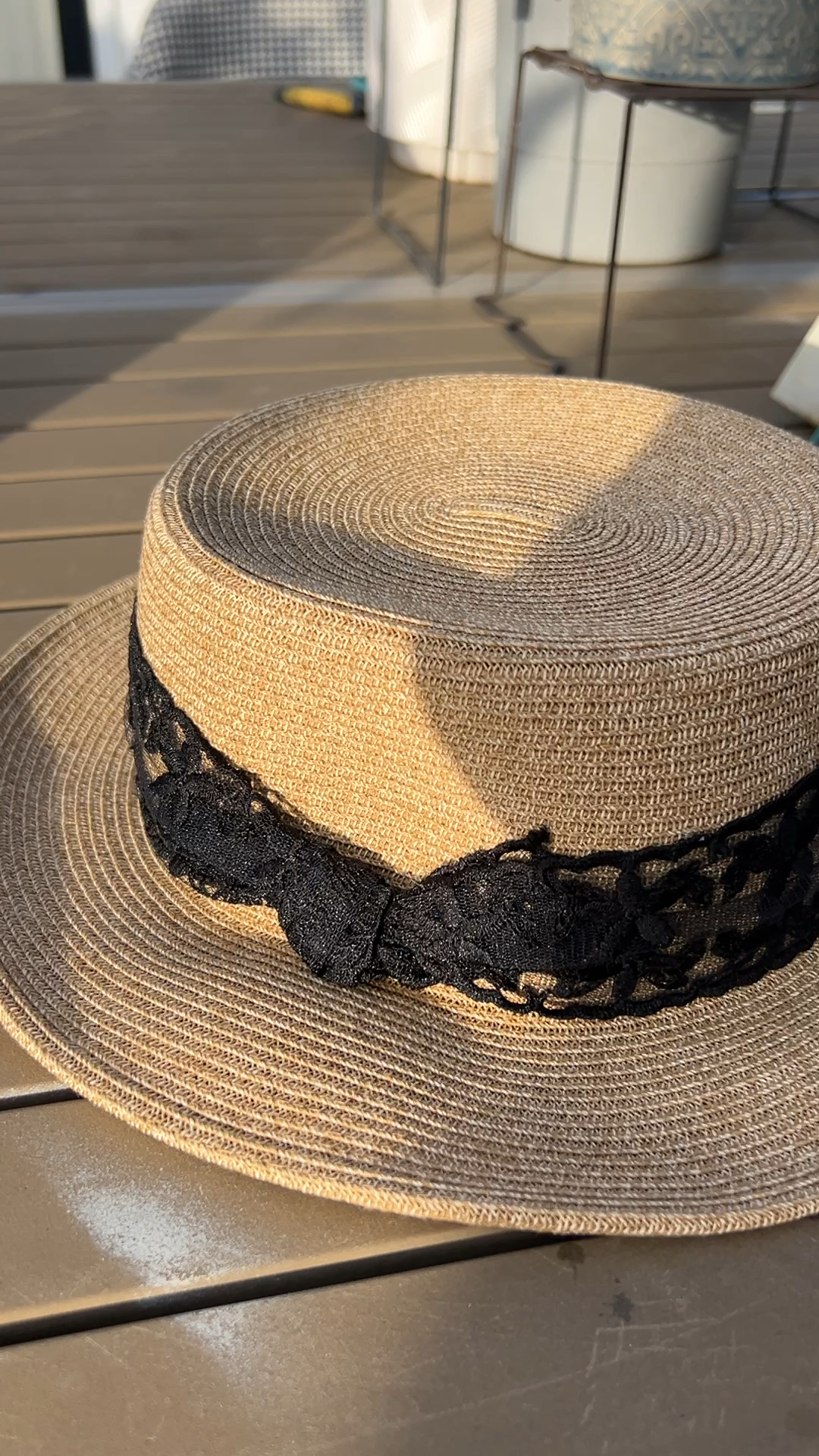 蕾絲帽帶草編平頂帽