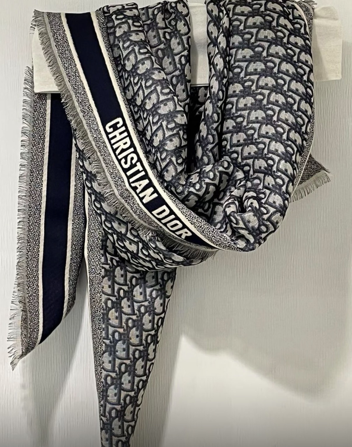 Dior Oblique Shawl Navy Blue WoolSilk and Cotton