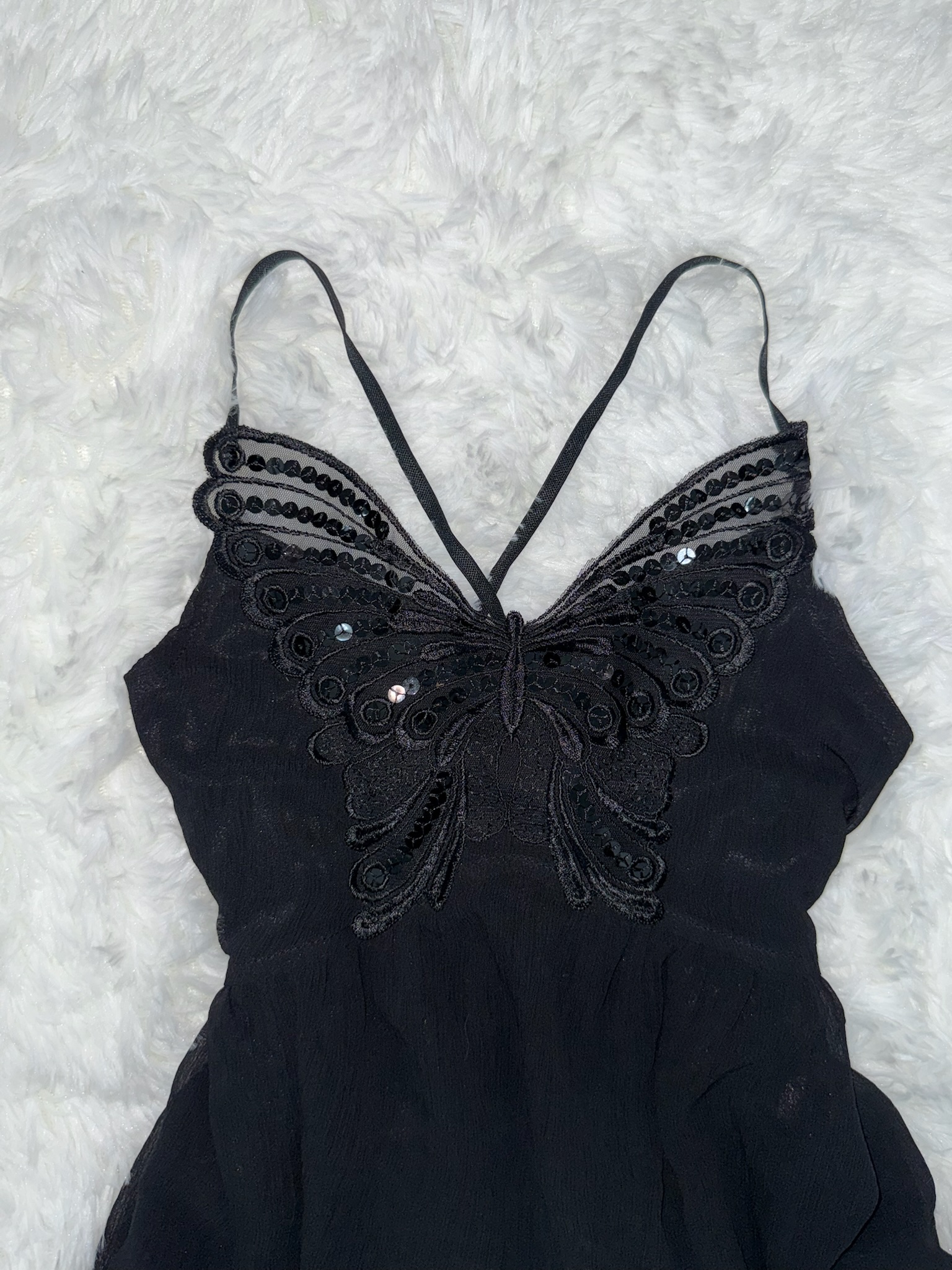 Whimsigoth Goth Embroidered Butterfly Mesh Ruffle Dress 