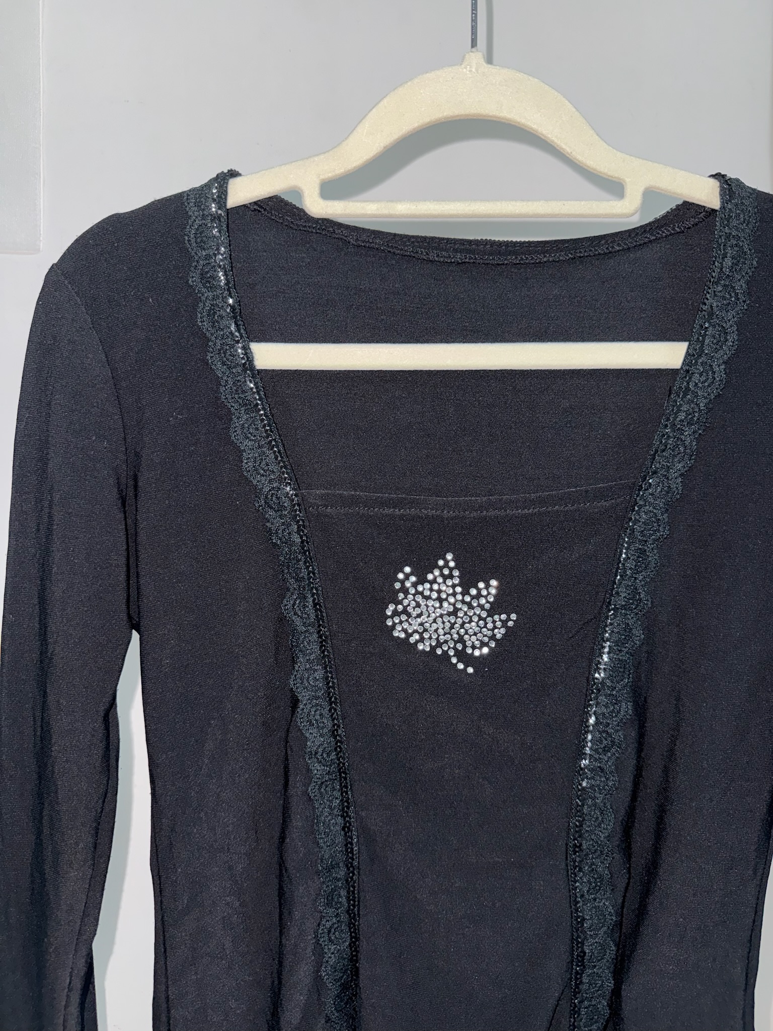 Black False Two-Piece Top with Rhinestone Leaf Motifs