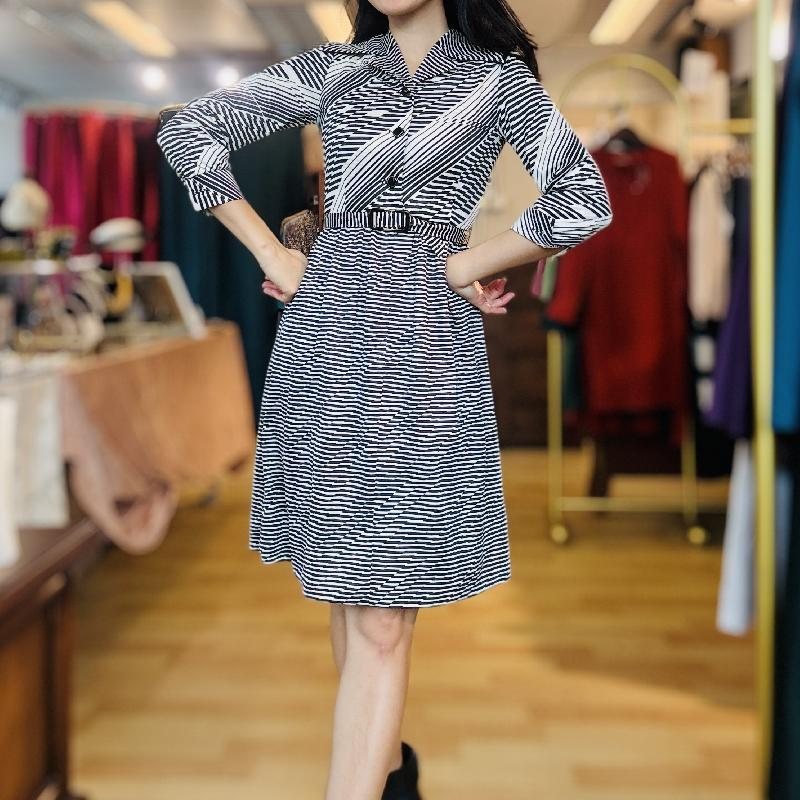 Vintage C.a. 1970s Black and White Striped ShirtDress With Original Belt (MT1842-3)
