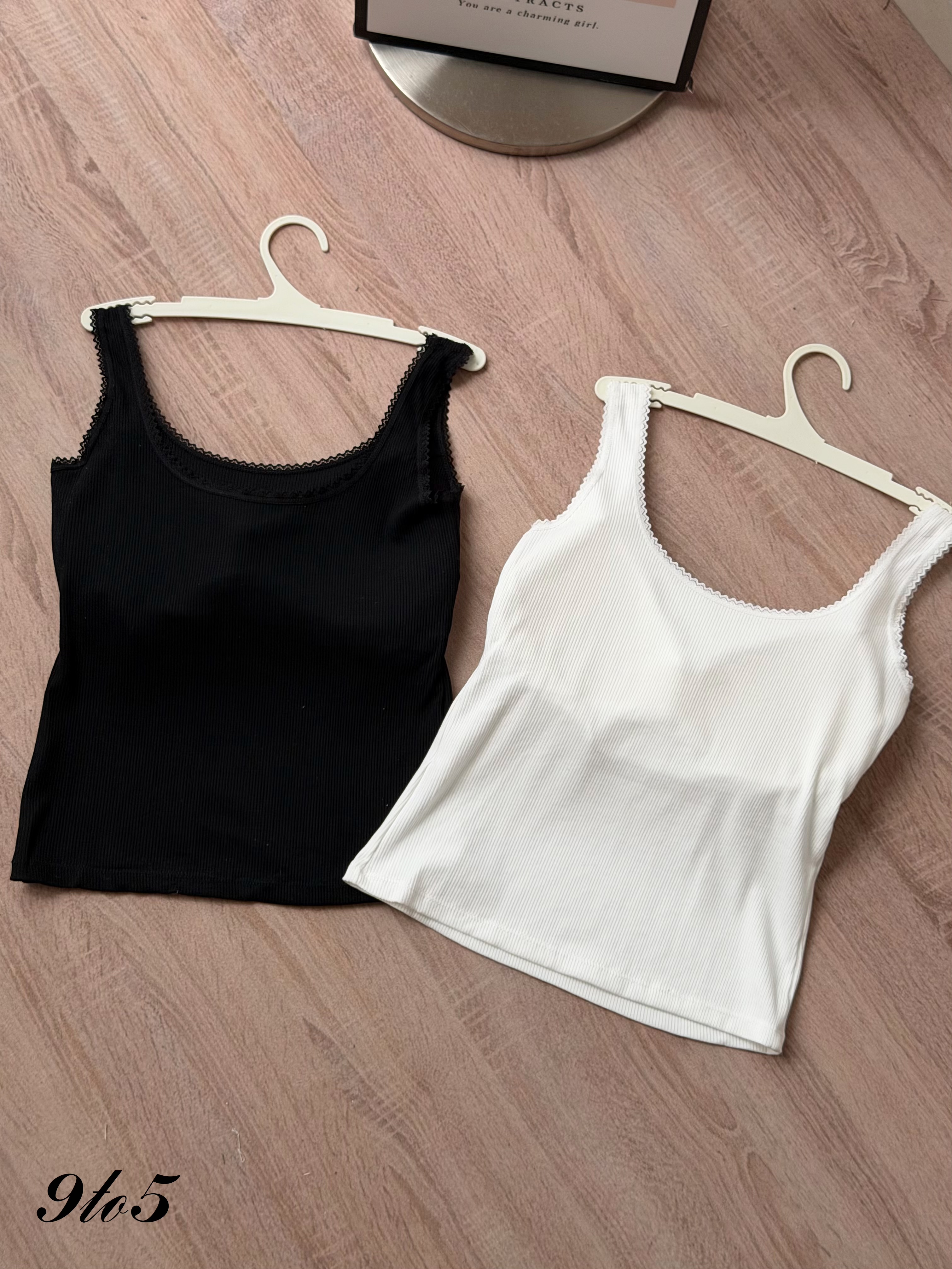 T4538 Lace Trim Ribbed Padded Tank Top - Black & White 