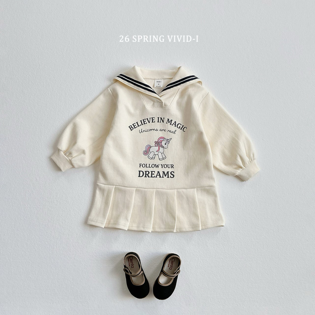 🌸預訂 韓國直送🌸🇰🇷VIVIDI四色水手領獨角獸印花長袖百摺連身裙