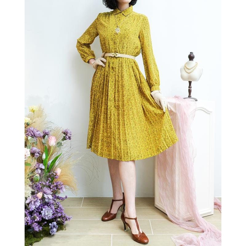 Vintage Japanese Green and Yellow Scattering Foliage Pattern Pleated Shirtdress (MT1608-75)