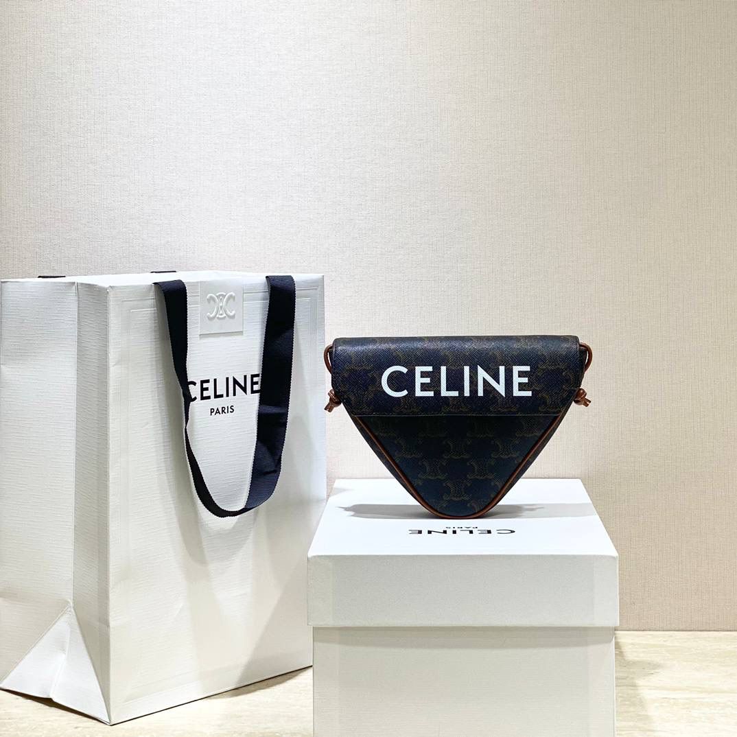 🔥大货实拍图 𝗖𝗘𝗟𝗜𝗡𝗘 ♥ 𝗧𝗥𝗜𝗢𝗠𝗣𝗛𝗘 𝗖𝗔𝗡𝗩𝗔𝗦 三角形手袋 𝑪𝒆𝒍𝒊𝒏𝒆2021春夏竟出其不意的玩起了异形包，三角形造型很是别致，彰显不羁姿态，男女同款，吸晴选手✔ 型号：195902 尺寸：21*15*4cm