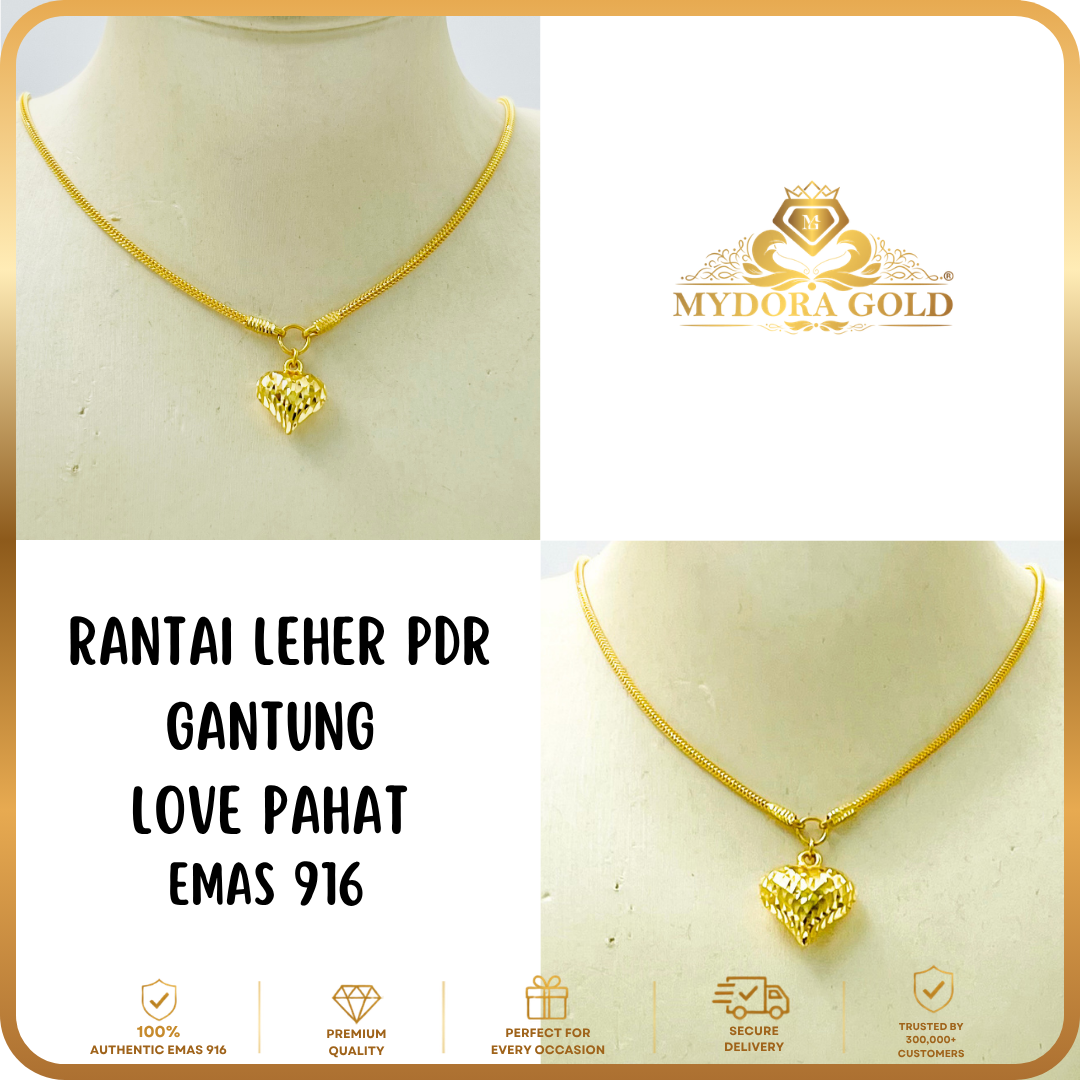 MYDORA Rantai Leher PDR Gantung Love Pahat l EMAS 916/22K
