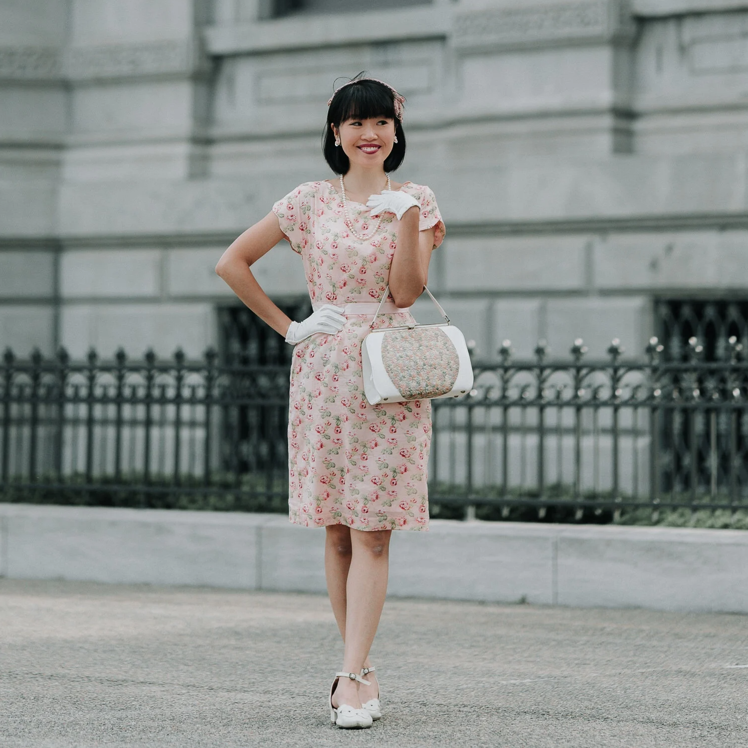 (Ready/Custom-Made)1960s-Inspired Rose Pattern 100% Cotton Scalloped Collar Secretary Dress(FM136)