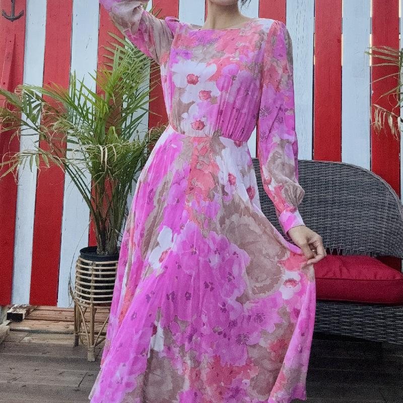 Vintage Artistic Ink Painting Floral Art Pattern Long Sleeve Light-weight Dress(MT1625)