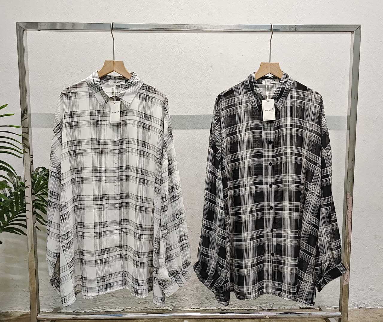 JY9027 Sheer Long Sleeve Collar Checked Shirt