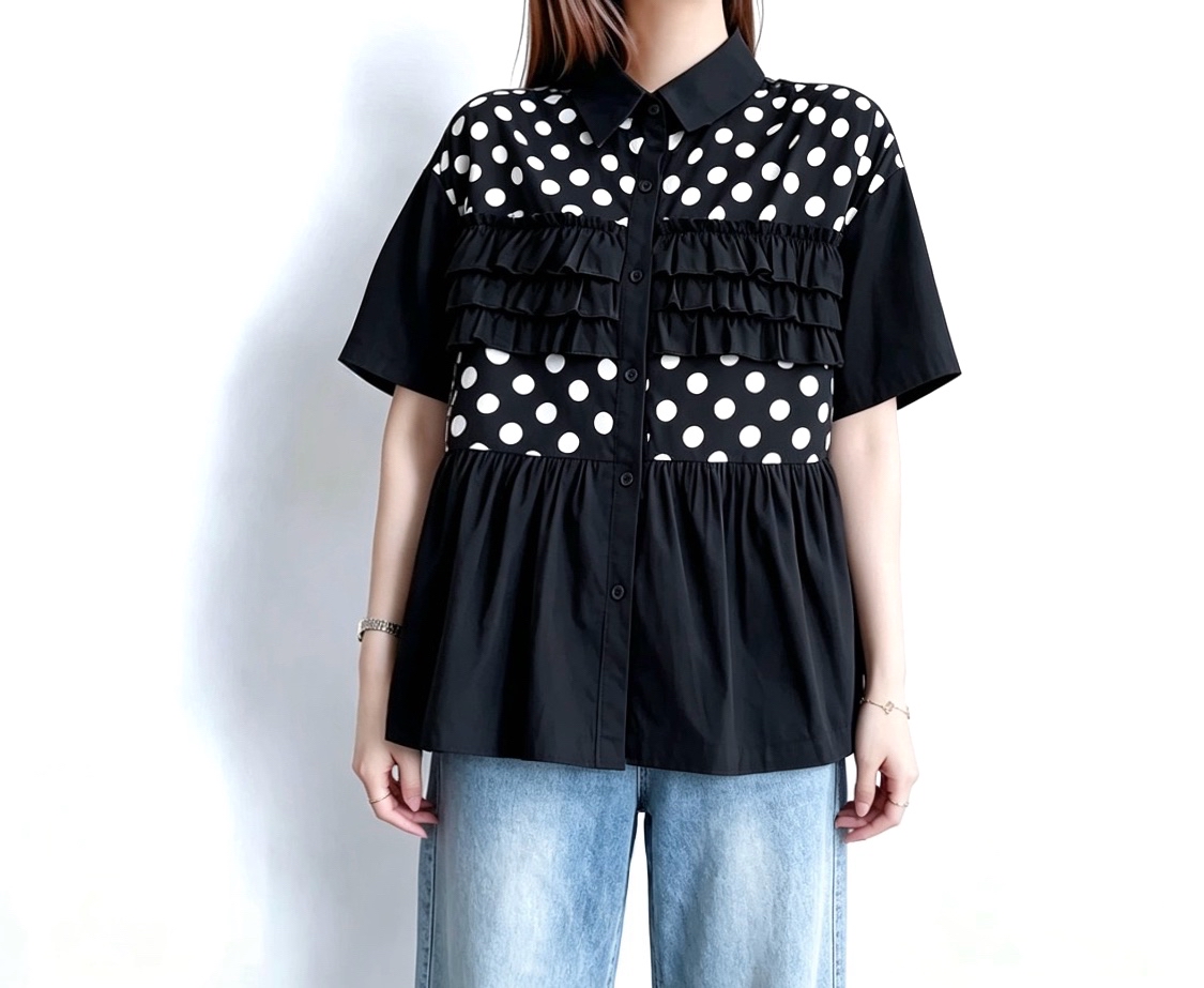 日系波點ruffle Top