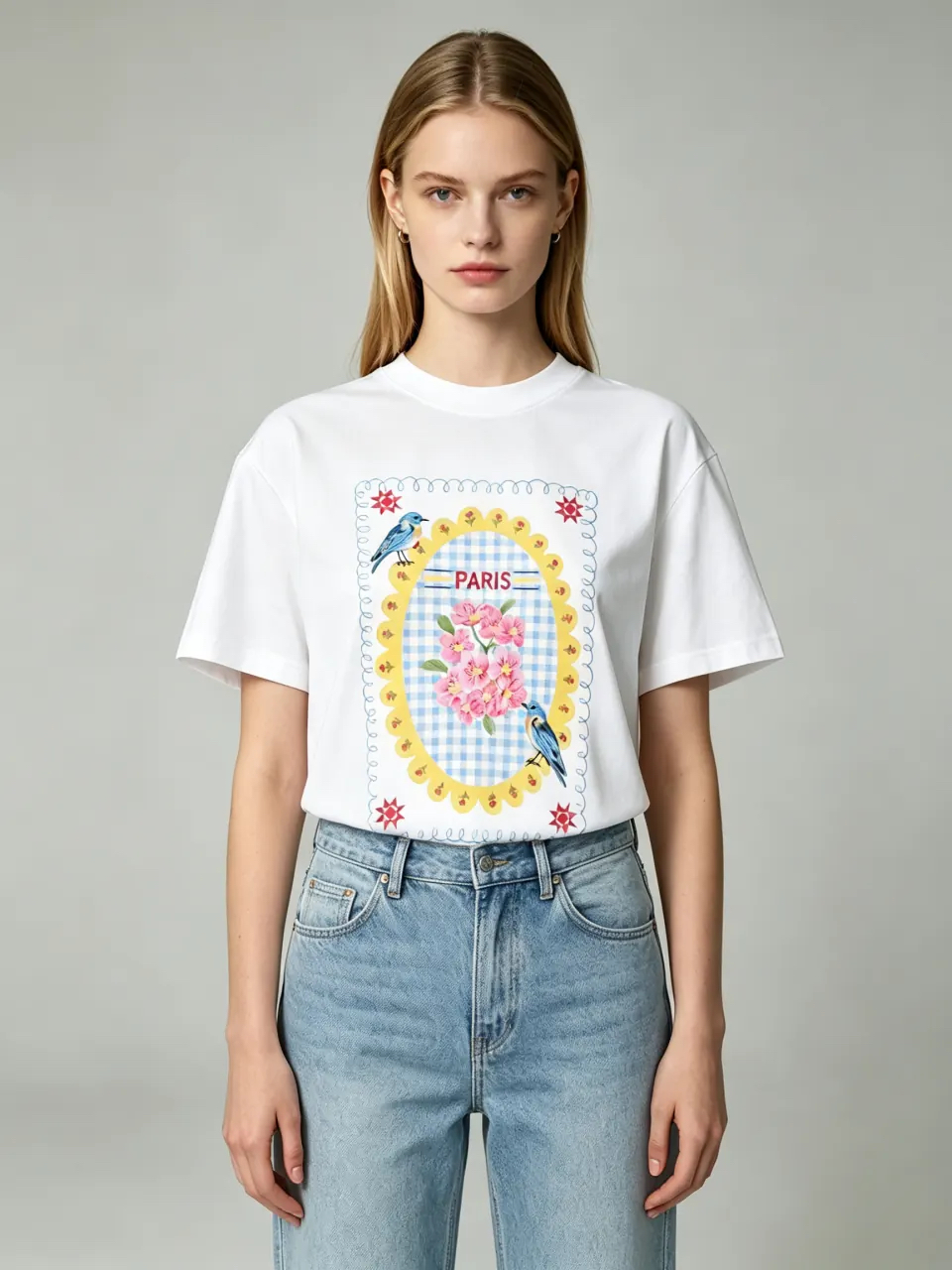 [訂購］M007 Floral Bird Gingham Tee