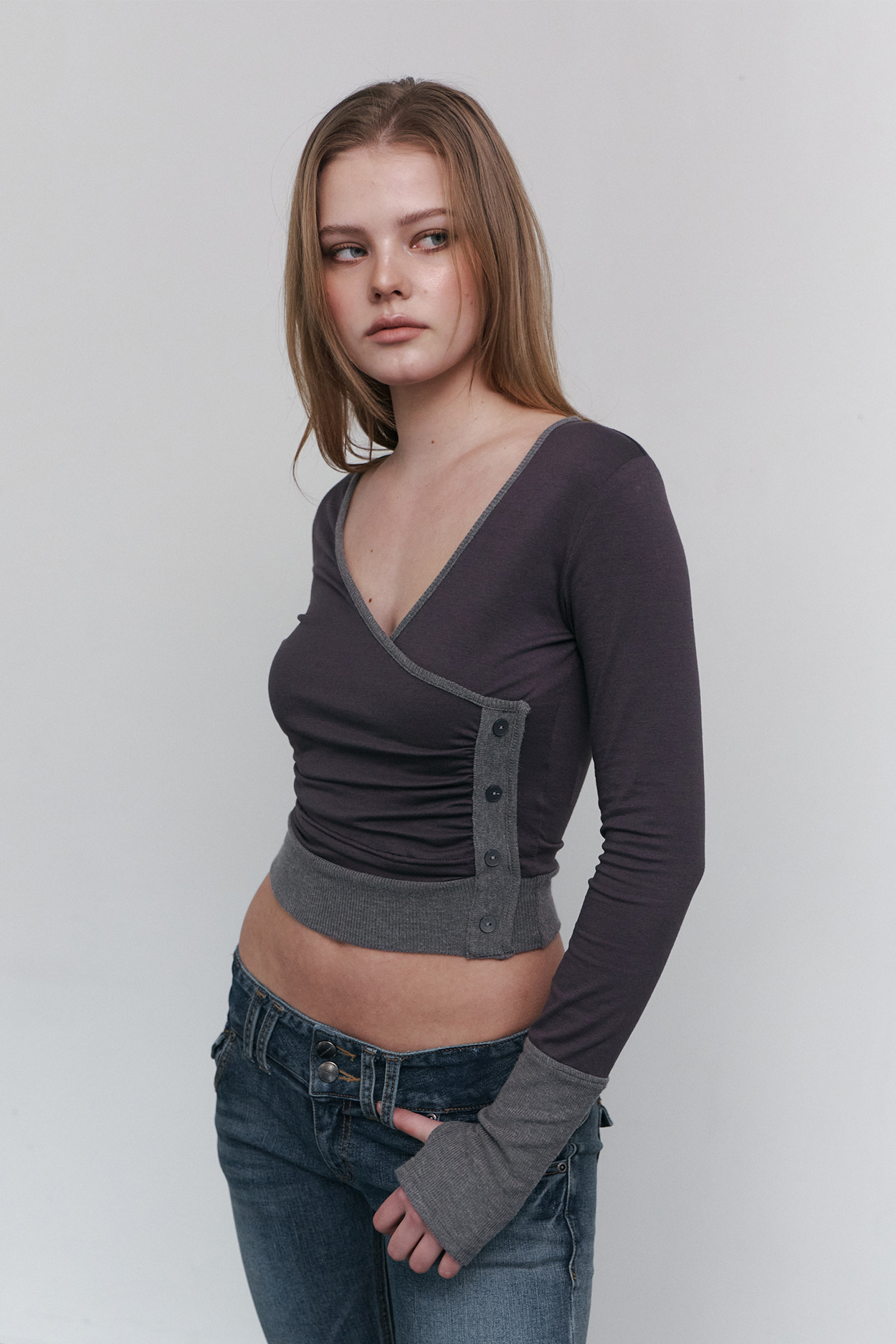 pleaseNOFOLLOW - Selena Button Wrap long sleeve Top (Charcoal)
