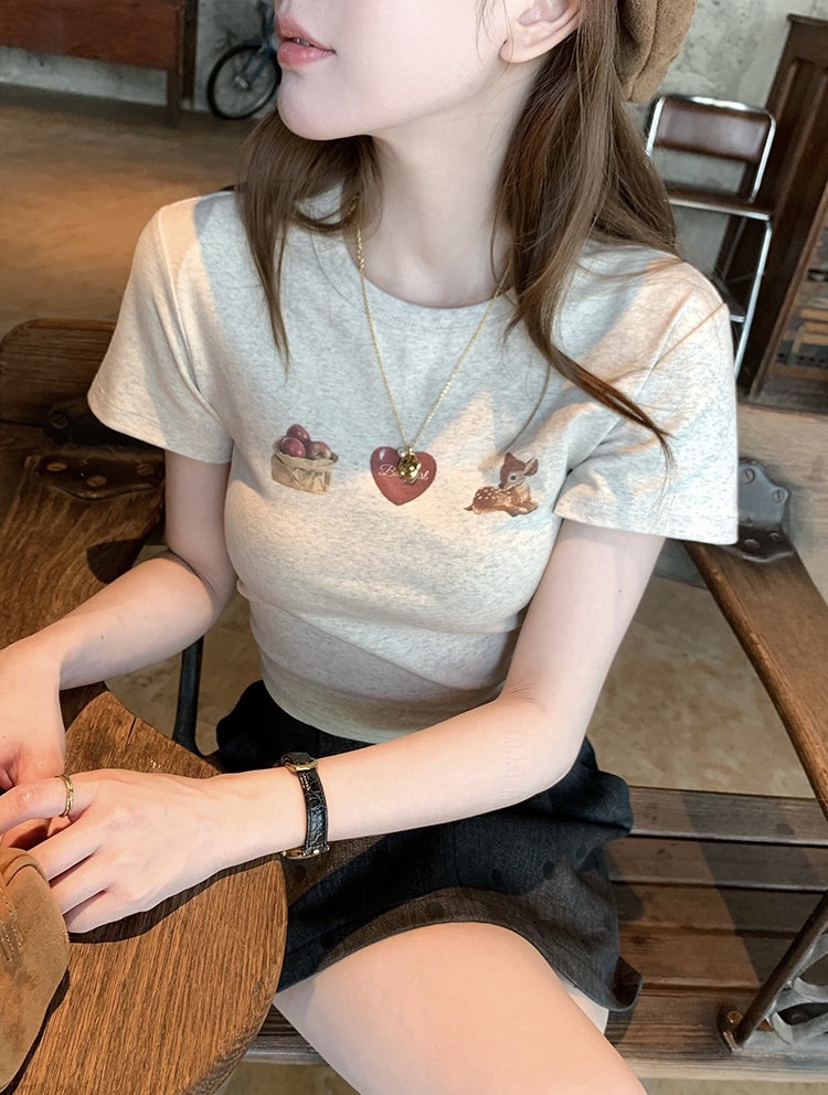 1787 “Cherry & Deer Tee ”森系小鹿圆领 T