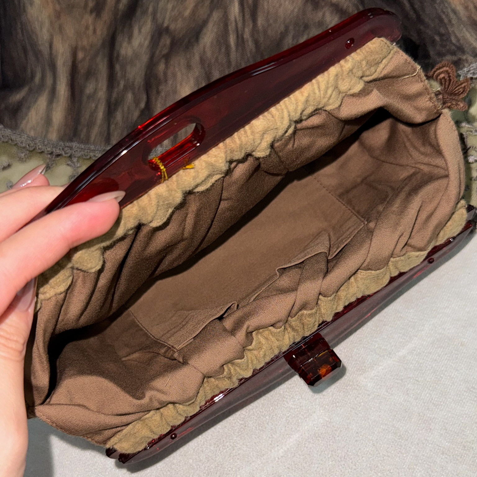 Brown Suede Lace-Trim Floral Clutch