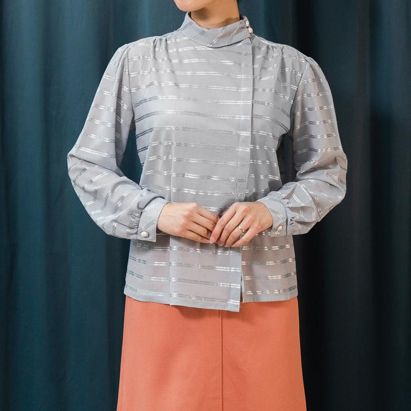 Vintage Light Grey Shiny Stripe Pattern High Collar Side Button Blouse Shirt (MT1606)