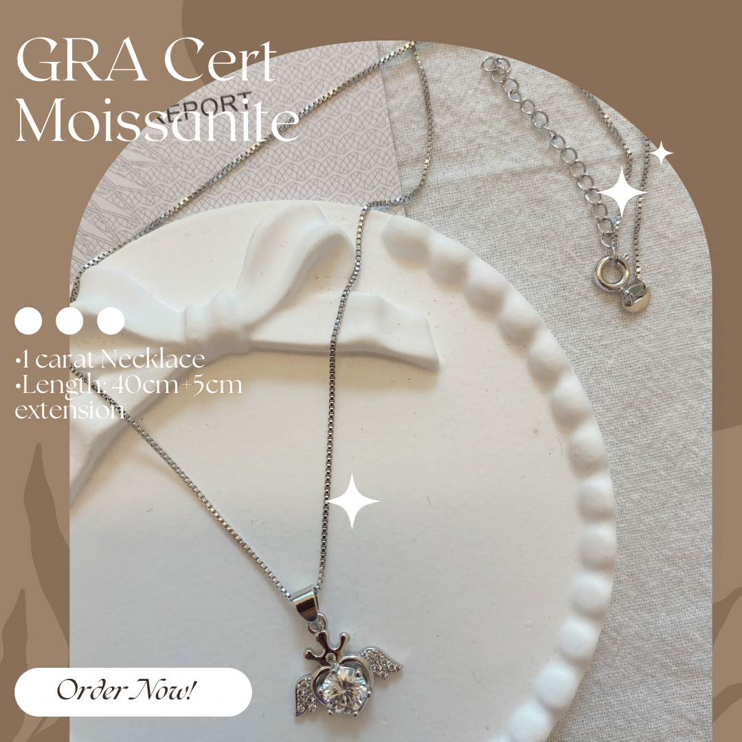 GRA Moissanite Necklace Collection - Heart Wing Pendant in Red Velvet Box